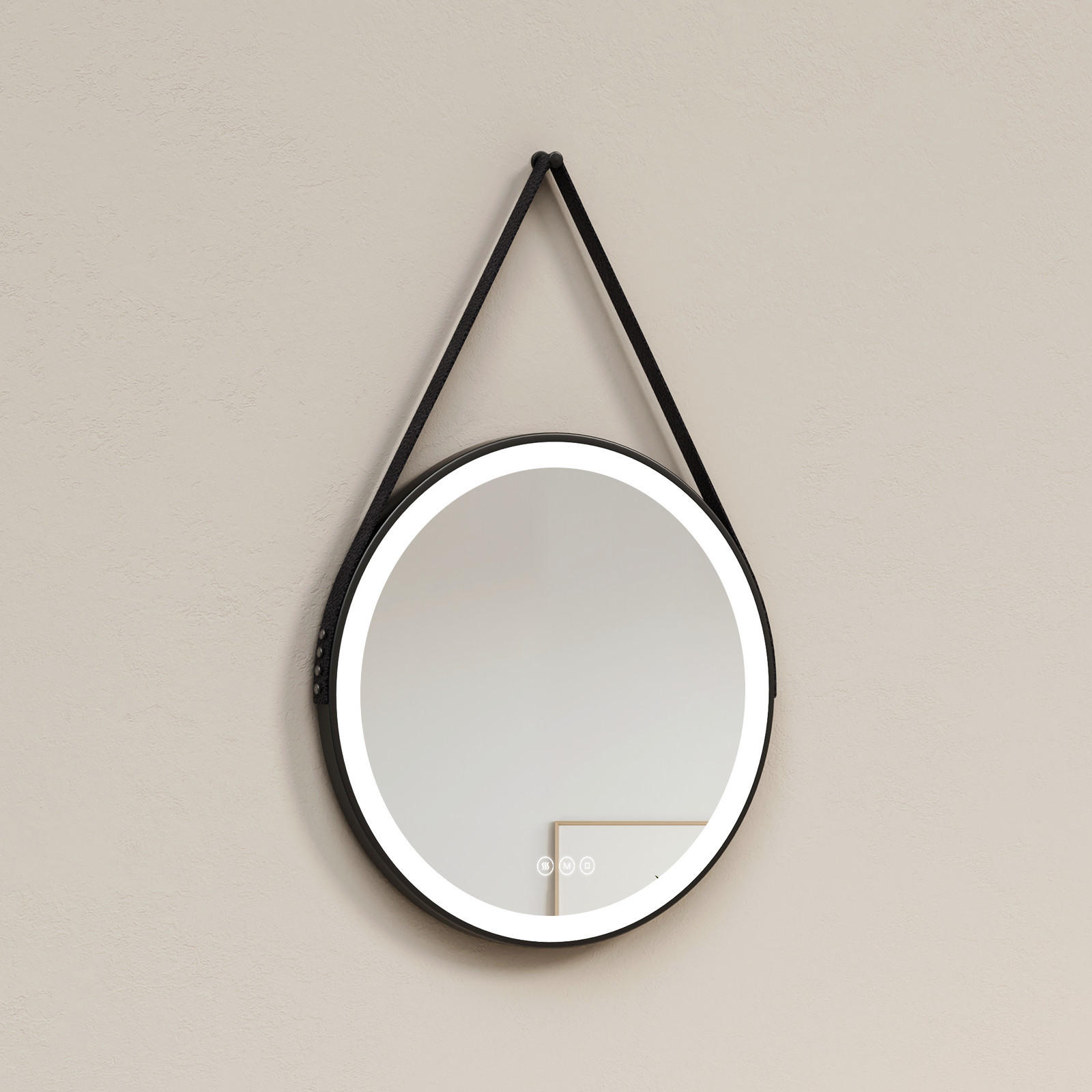 BADSPIEGEL mit Touch-Schalter Beleuchtung mit Hängeriemen Schwarz ф60 cm - Schwarz, Glas (60/3.5/60cm) - EMKE