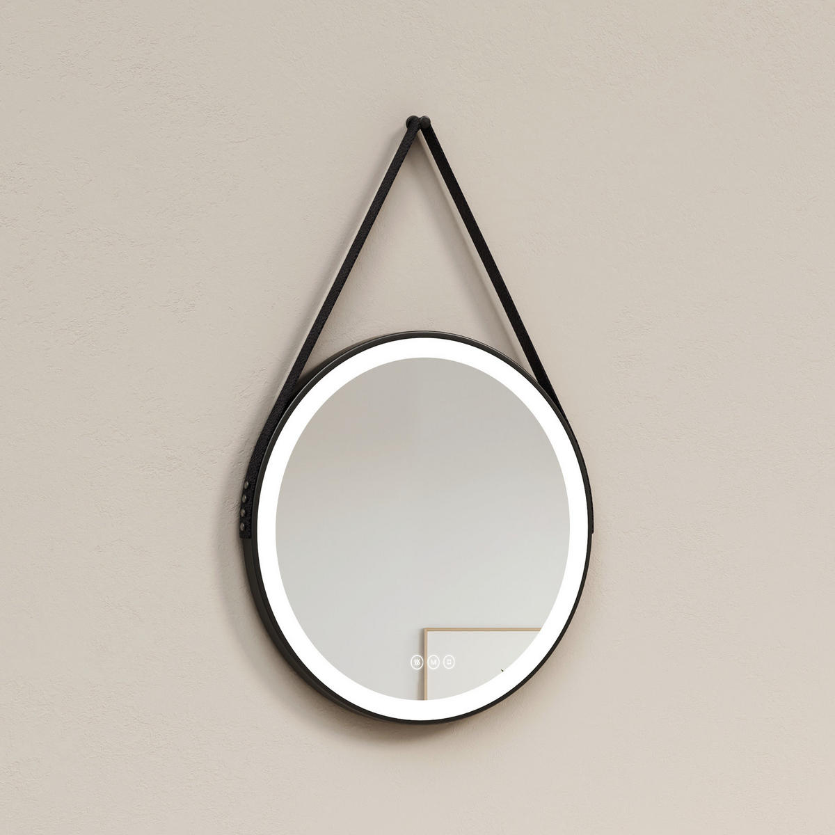 BADSPIEGEL mit Touch-Schalter Beleuchtung mit Hängeriemen Schwarz ф60 cm - Schwarz, Glas (60/3.5/60cm) - EMKE