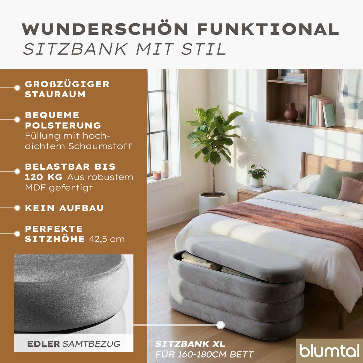 XL Sitzbank mit Stauraum Oval – Samt Truhenbank Grau - Grau, Textil (45/42.5/110cm) - Blumtal