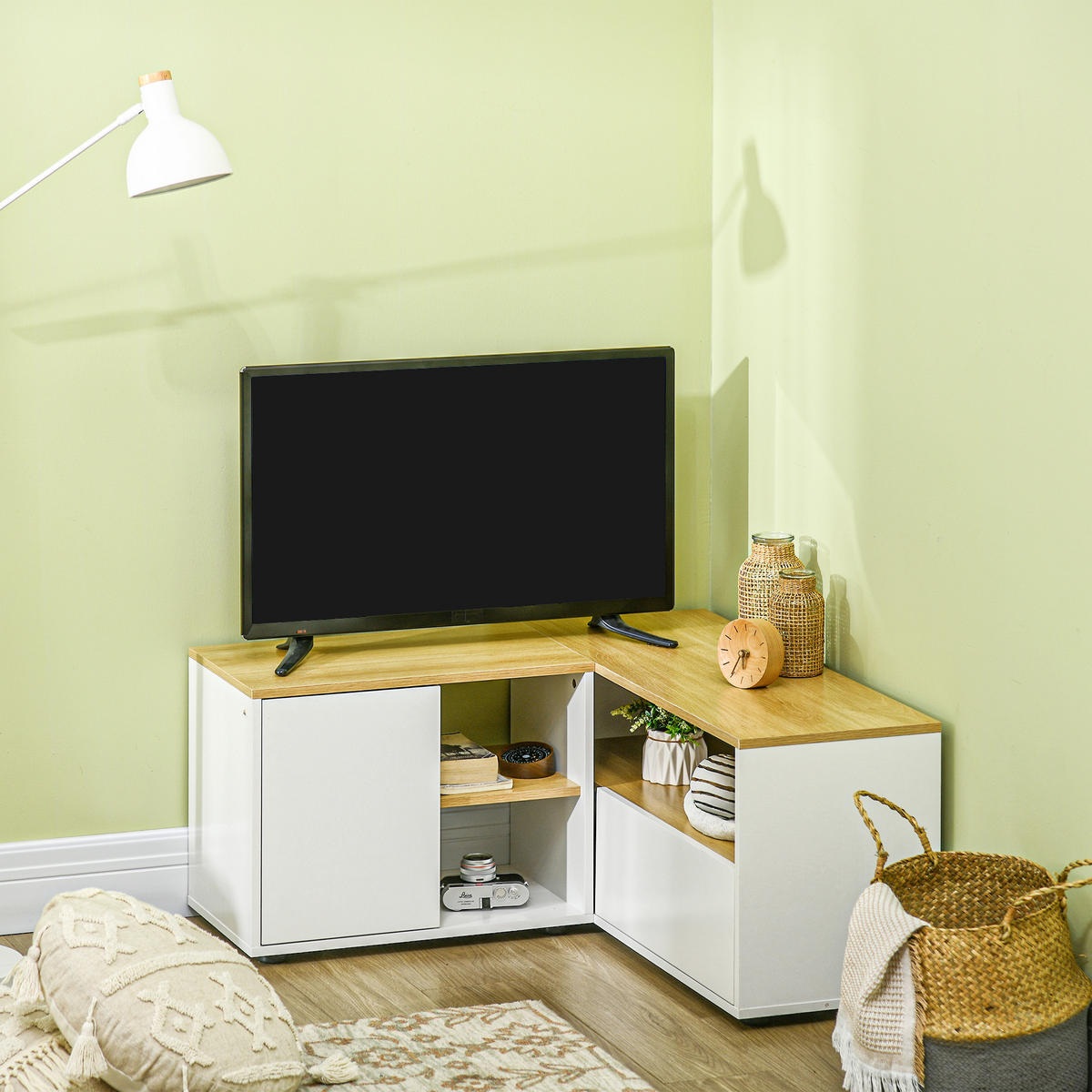 ECK-TV-LOWBOARD Hellbraun/Weiß 90/90/45 cm, Eckdesign, 2 Türen, 3 offene Fächer - Weiß, Holzwerkstoff (90/45/90cm) - PANGIVO