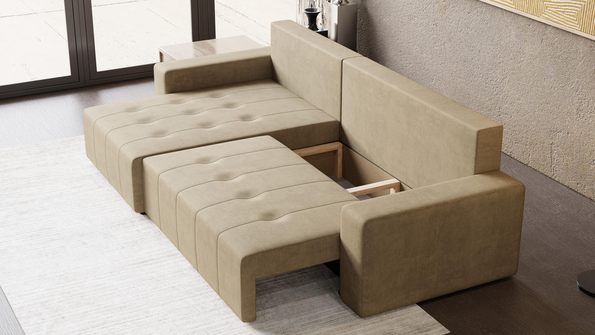 ECKSOFA Tico mit Bettkasten und Schlaffunktion, L-Form/XL-Form, Velourstoff, Universal - Cappuccino, Holzwerkstoff (276/145cm) - 4ALL HOME