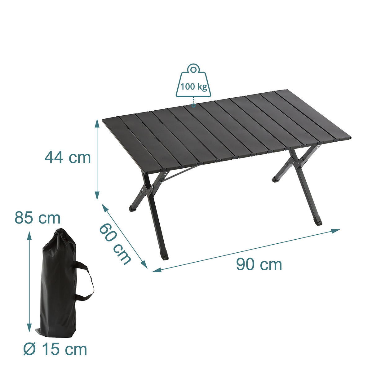 CAMPINGTISCH - Schwarz, Kunststoff/Metall (60/90/44cm) - Relaxdays
