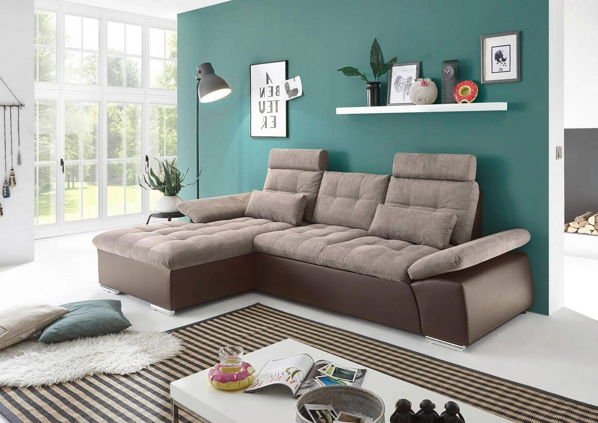 ECKSOFA mit Schlaffunktion und verstellbaren Armlehnen - Chromfarben/Beige, Kunststoff/Textil (268/170cm) - ed exciting design