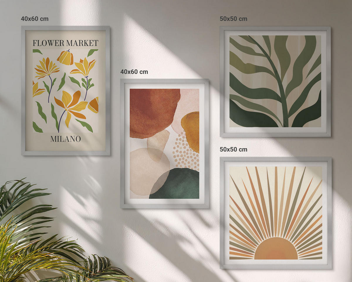 BILDER SET 4er Set - 50x50 cm & 40x60 cm Silberner Rahmen - Abstrakte Blumenmotive - Silberfarben, Kunststoff (50/50cm) - TULUP