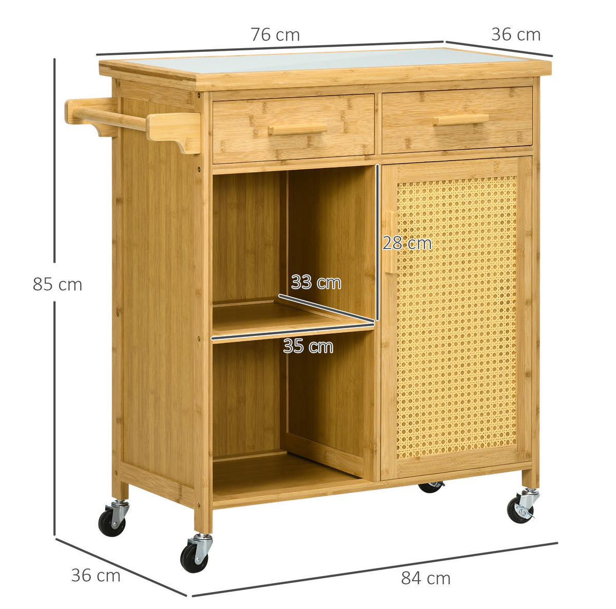 KÜCHENWAGEN mit Arbeitsplatte und Stauraum Natural Wood - Naturfarben, Holz (36/85/84cm) - Beauniv