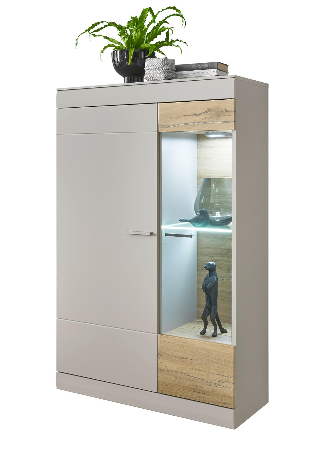 VITRINE grau matt, Zinneiche 90 cm, Highboard mit Soft-Close-Funktion - Eichefarben/Silberfarben, Glas/Holzwerkstoff (90/139/35cm) - Furn.Design
