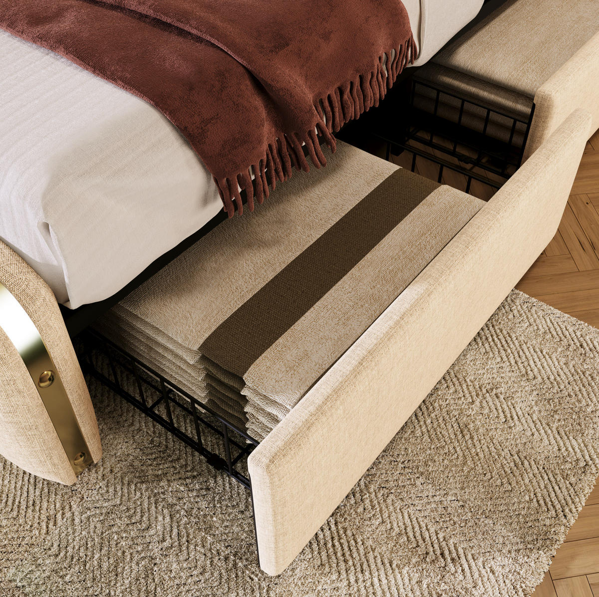 POLSTERBETT 90/200 cm Beige aus Leinen mit Matratze und 4 Schubladen - Beige, Textil (90/200cm) - OKMYHOME