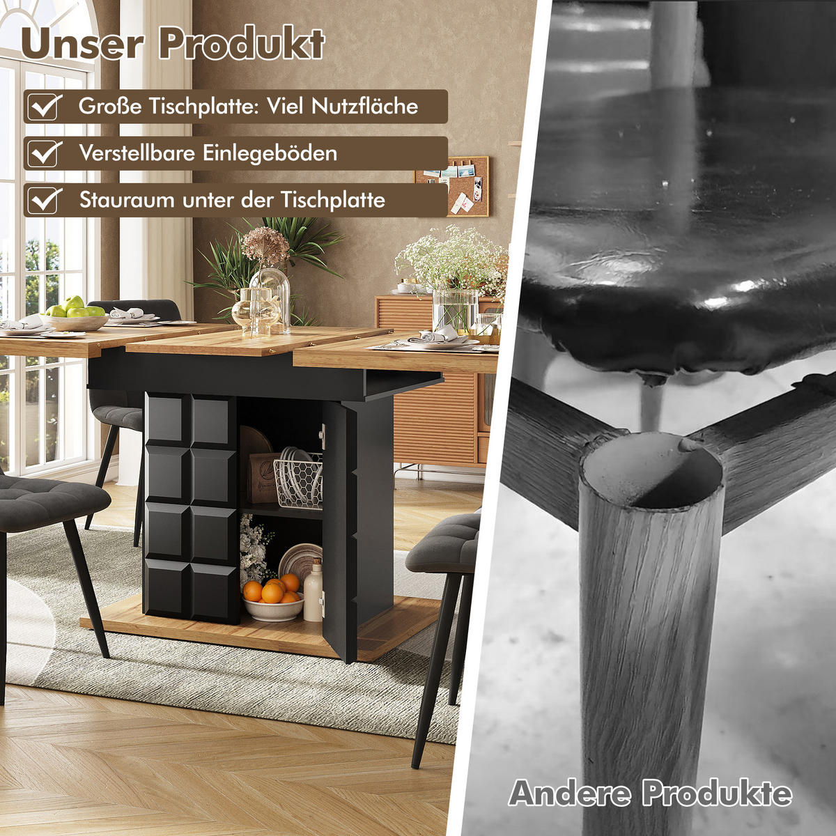 AUSZIEHBARER Esstisch, MDF mit Stauraum & Regalen, 110-140/80/75 cm, Schwarz/Natur - Schwarz, Holzwerkstoff (110/80/75cm) - Redom