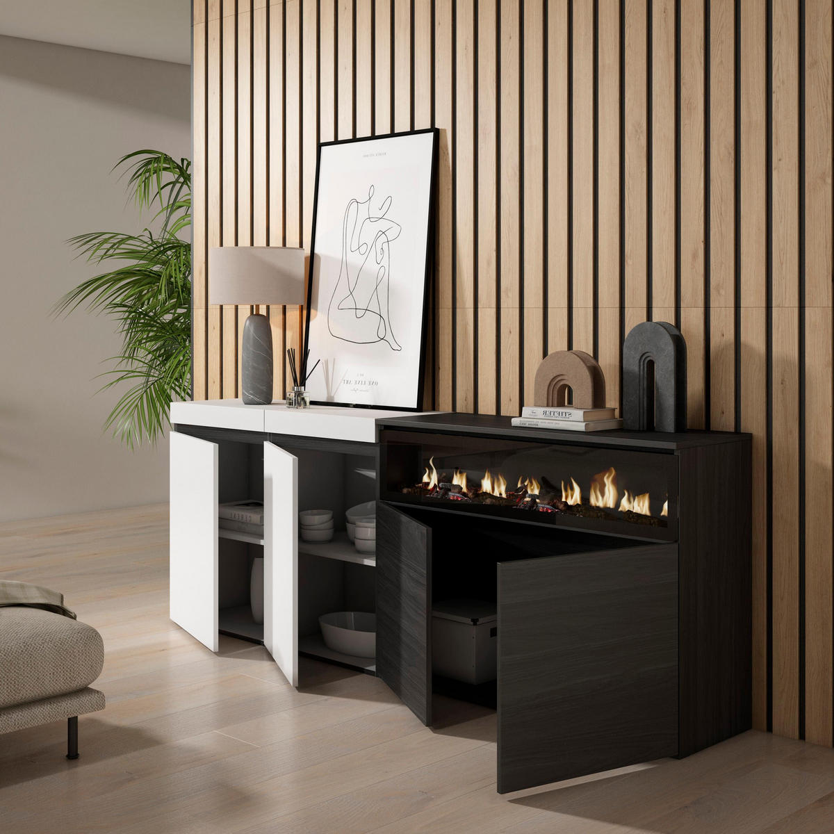 SIDEBOARD Elektrokamin, weiß und schwarz, 200/35/75cm - Multicolor/Schwarz, Holzwerkstoff (200/75/35cm) - Skraut Home