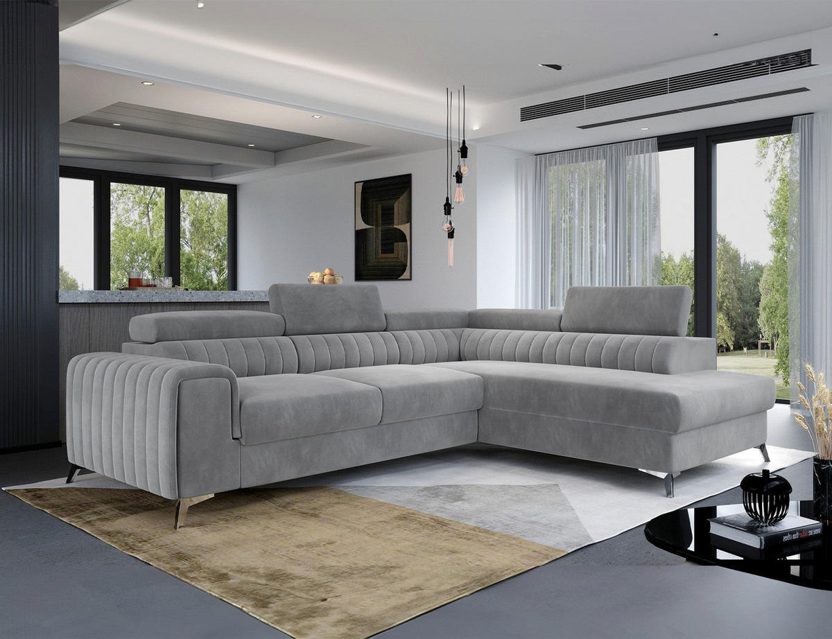 ECKSOFA Laurence mit Schlaffunktion & Bettkasten – 278 x 205 cm, verstellbare Kopfstützen - Grau, Kunststoff (278/205cm) - Wohnideebilder