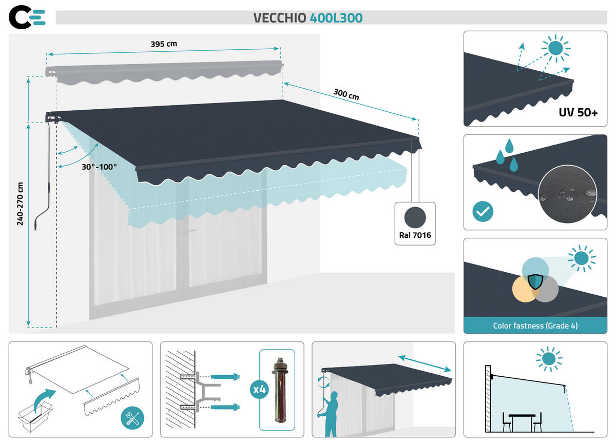 EINTEILIGE MARKISE Vecchio Grau 4m x 3m - Premium-Leinwand 320g/m² - Grau, Metall (395/270/300cm) - Cazeboo