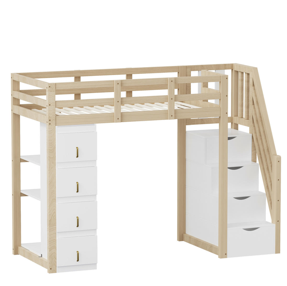 HOCHBETT 90/200 cm aus Massivholz mit Stauraum, Regal und Rausfallschutz - Weiß, Holz (90/200cm) - BEAOK