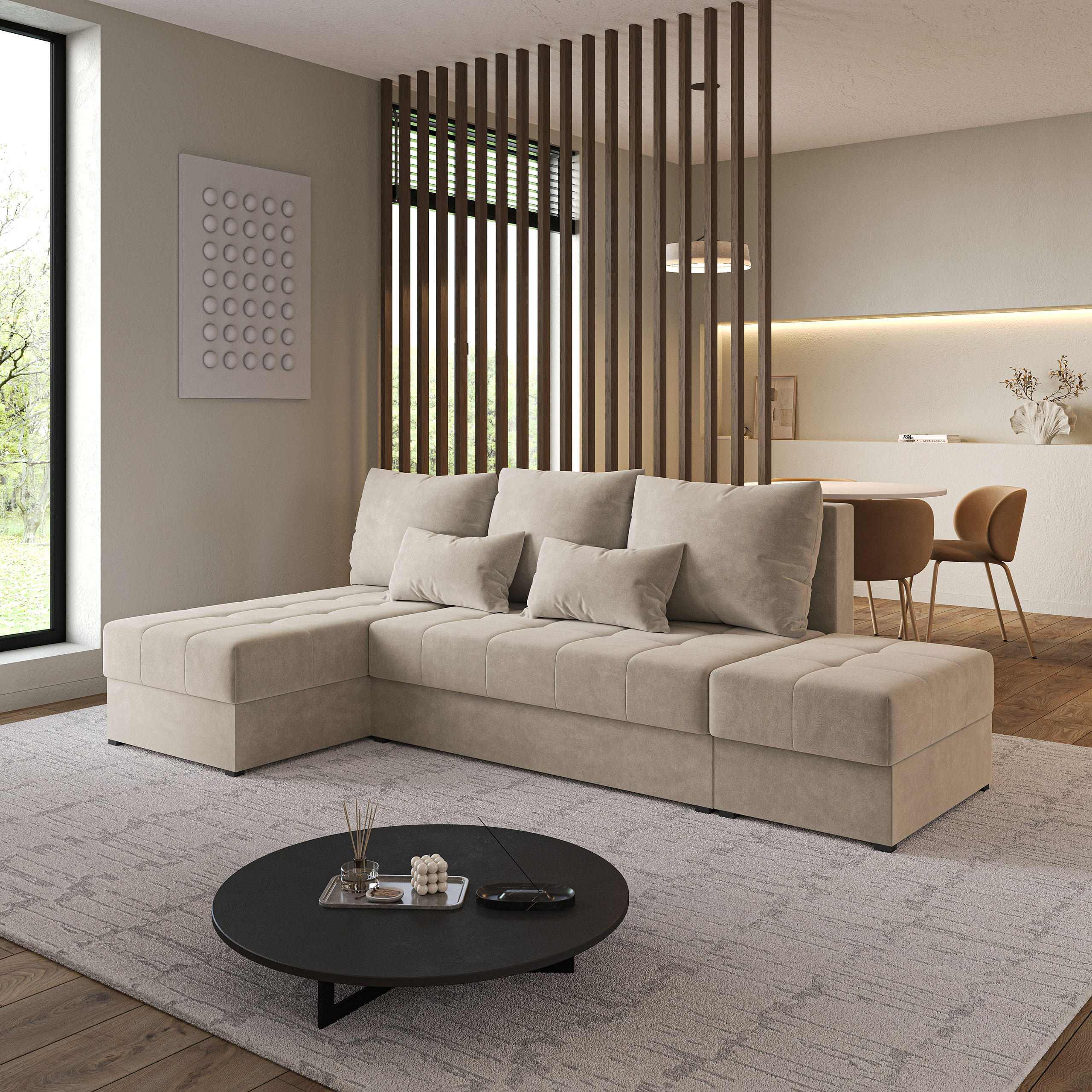 ECKSOFA NORVI Beige Plüsch-Stoff mit Schlaffunktion - Beige, Holz (251/143cm) - MASSENO