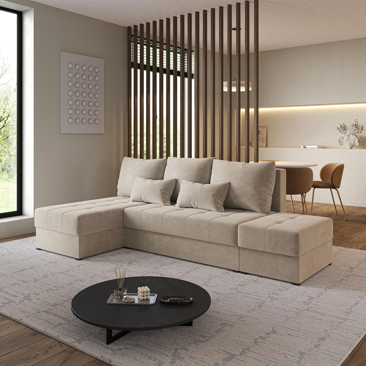 ECKSOFA NORVI Beige Plüsch-Stoff mit Schlaffunktion - Beige, Holz (251/143cm) - MASSENO