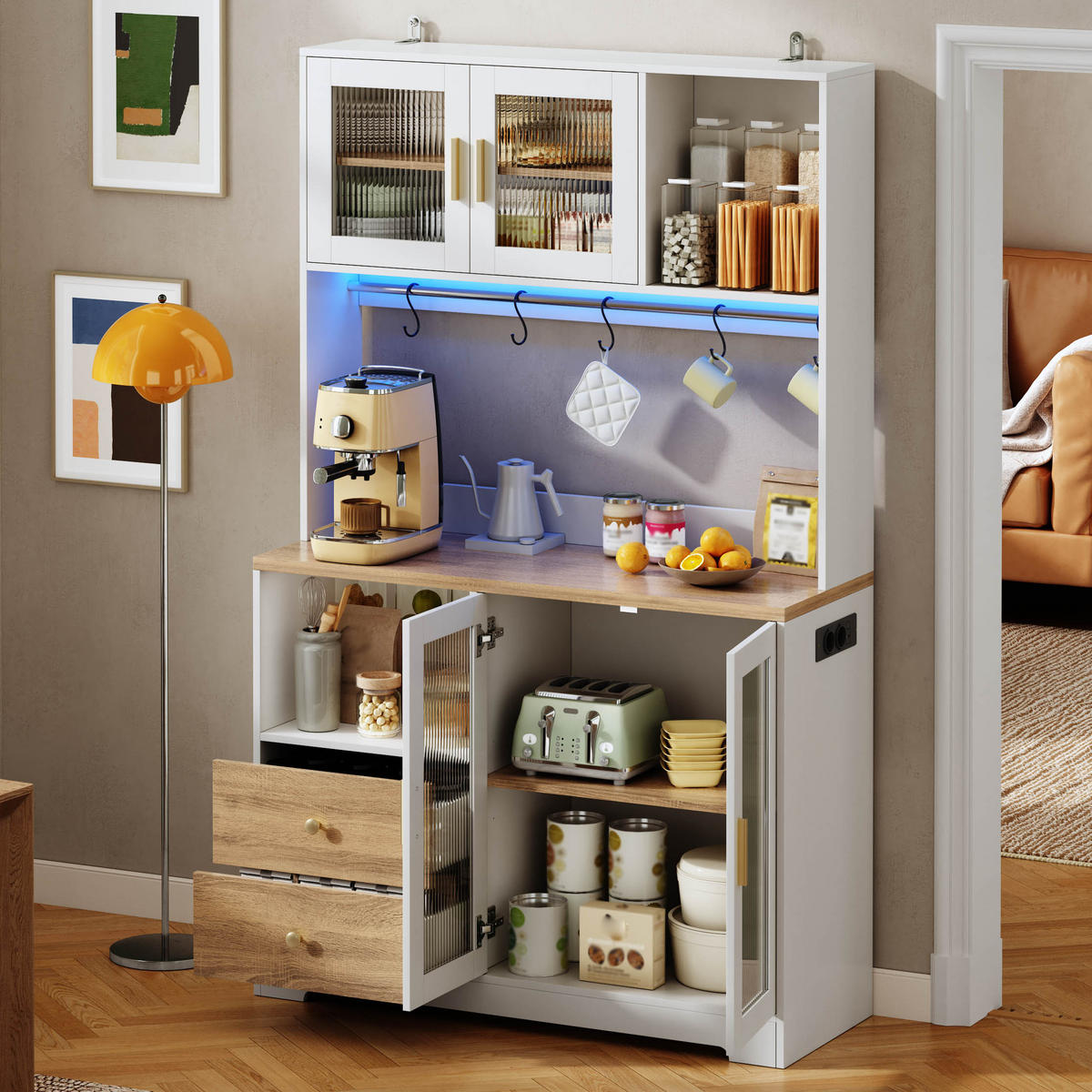 BUFFET 178 cm MDF Natur Weiß mit RGB-LED, Weinregal und Glasfront - Weiß, Holzwerkstoff (40/178/110cm) - Korfee