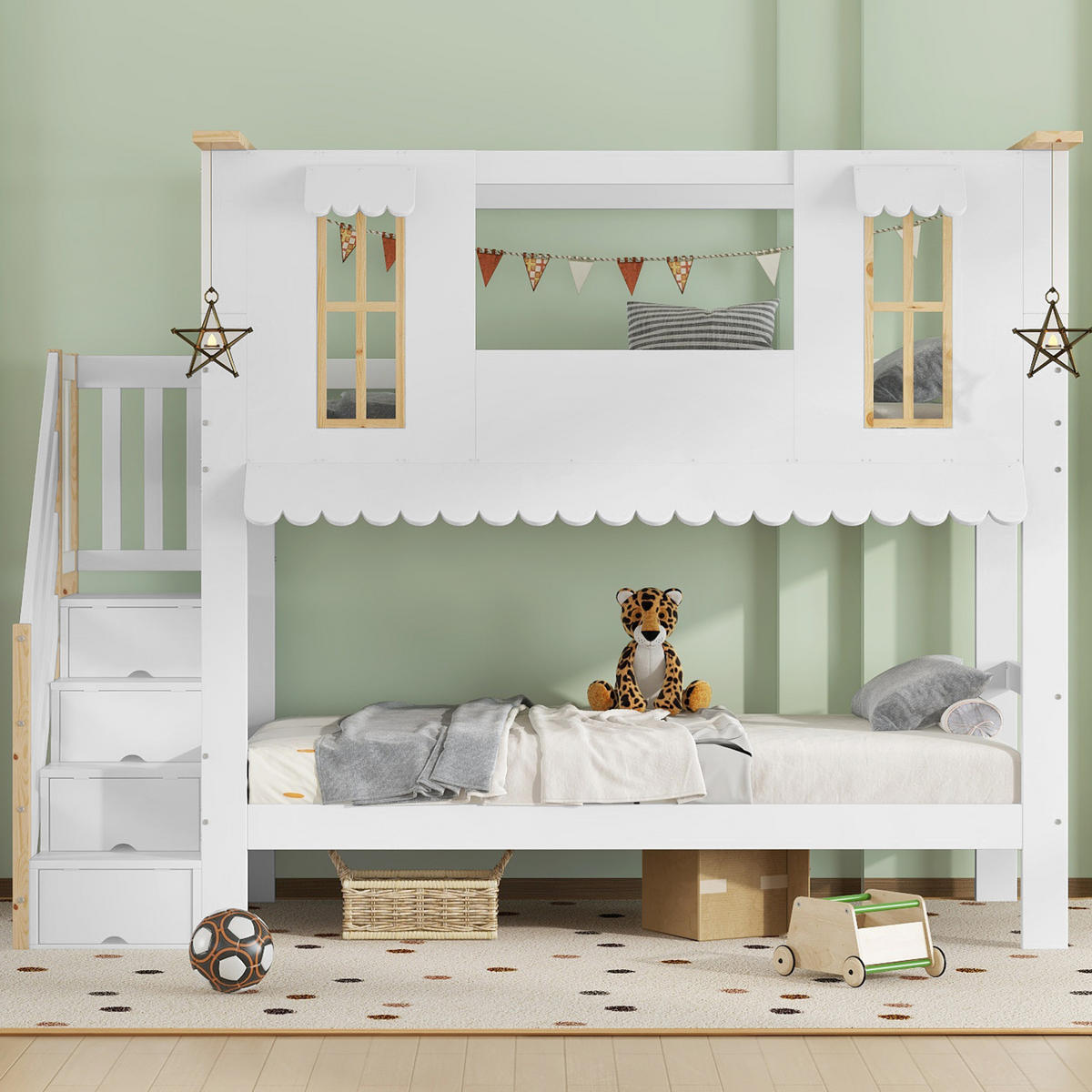 ETAGENBETT 90/200 cm Weiß/Natur mit Aufbewahrungstreppe und Hausdesign - Weiß, Holz (90/200cm) - Flora Grace