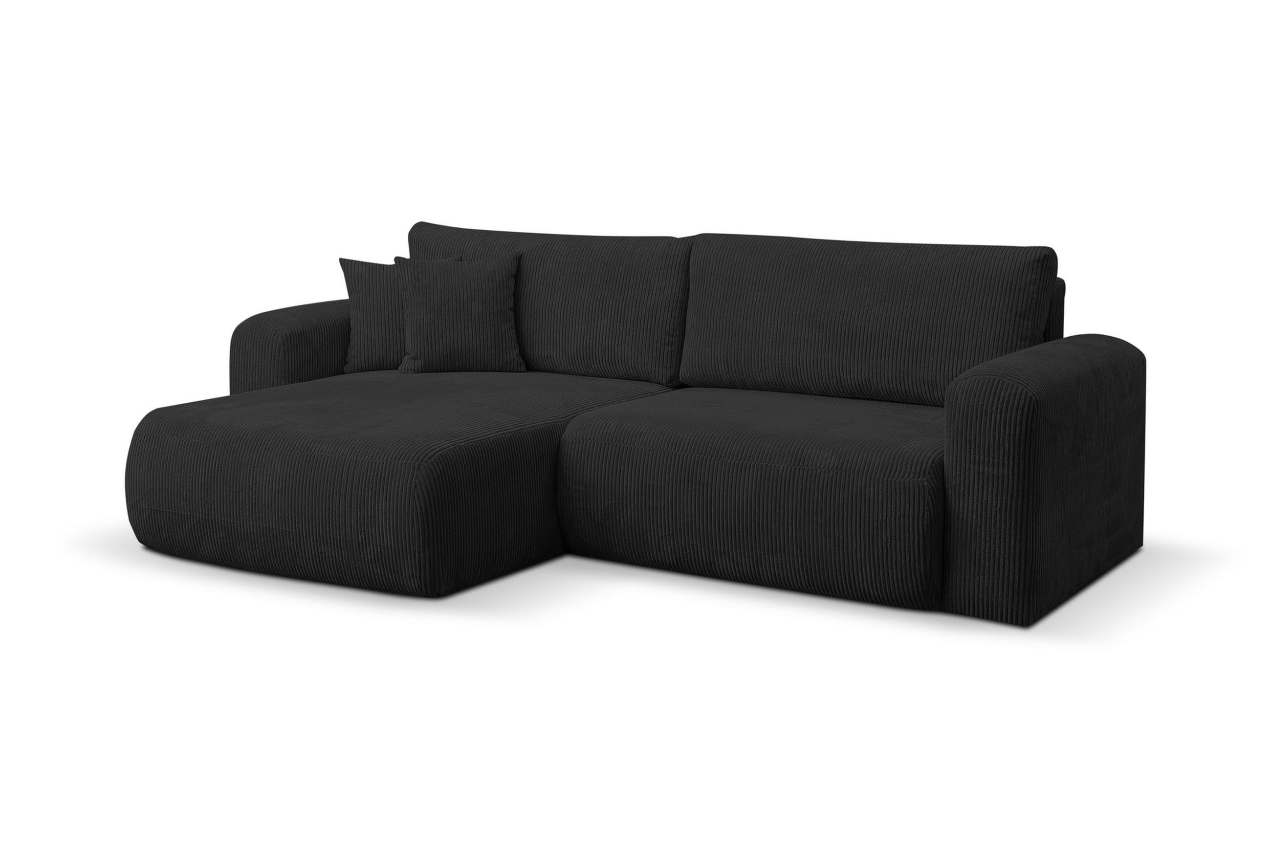 ECKSOFA Roma, Eckcouch in L-Form mit Schlaffunktion und Bettkasten, Farbe: Schwarz, Cordstoff, Ottomane Universal - Schwarz, Textil (244/142cm) - VENASI MÖBEL