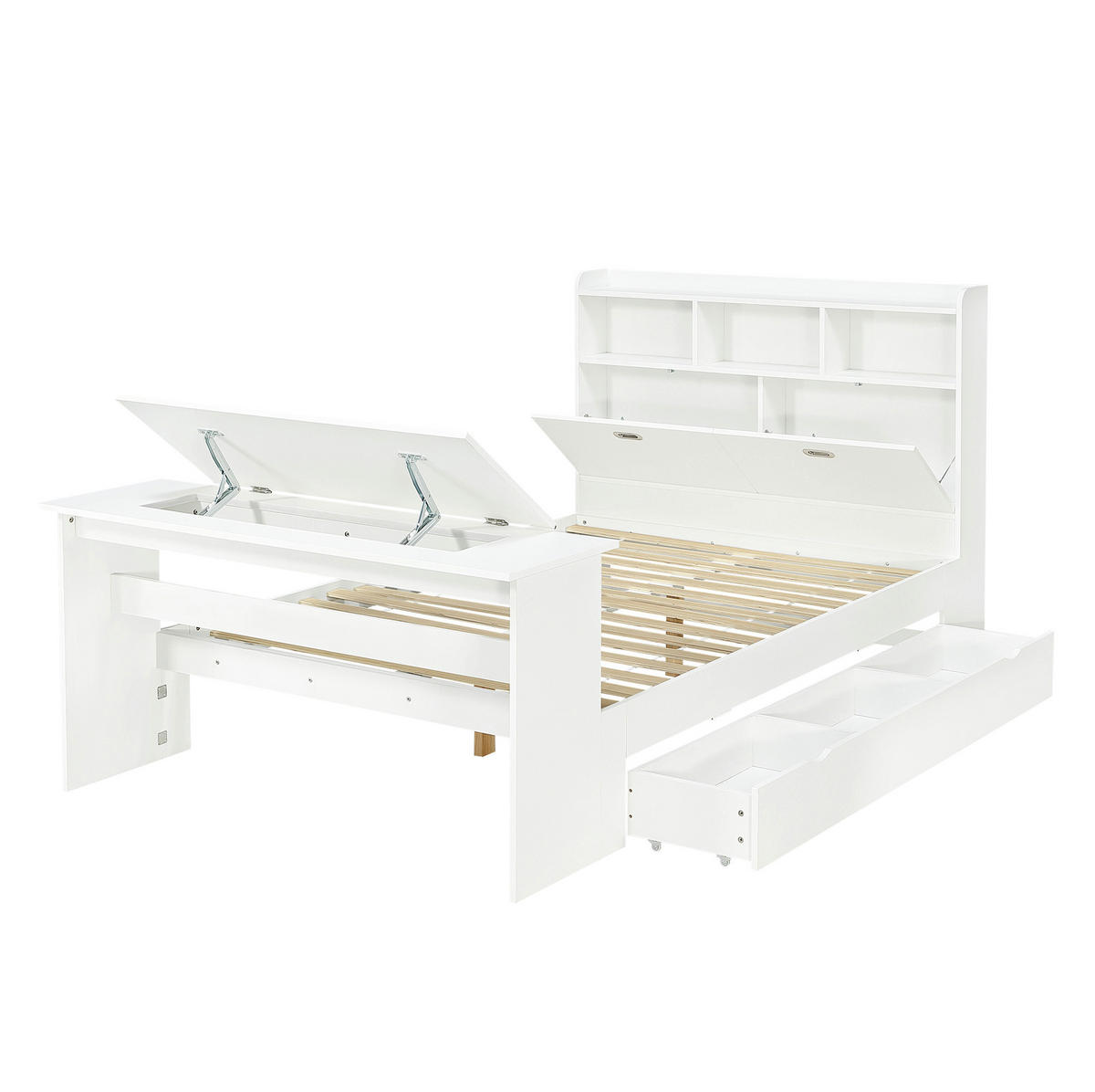STAURAUMBETT Weiß 140/200 cm aus Holz mit Klapptisch - Weiß, Holz (140/200cm) - MIVRAY