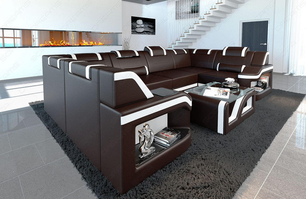 WOHNLANDSCHAFT Sofa Padua U Dunkelbraun Weiß Kunstleder - Dunkelbraun, Textil (308/80/185cm)
