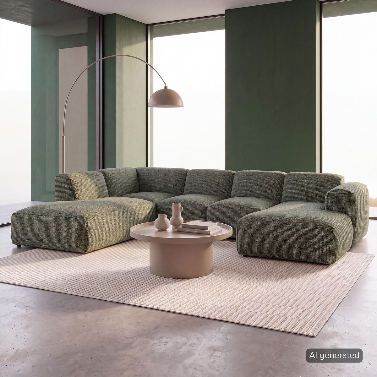 WOHNLANDSCHAFT mit Longchair - Schwarz/Grün, Kunststoff/Textil (325/71/235cm) - home24