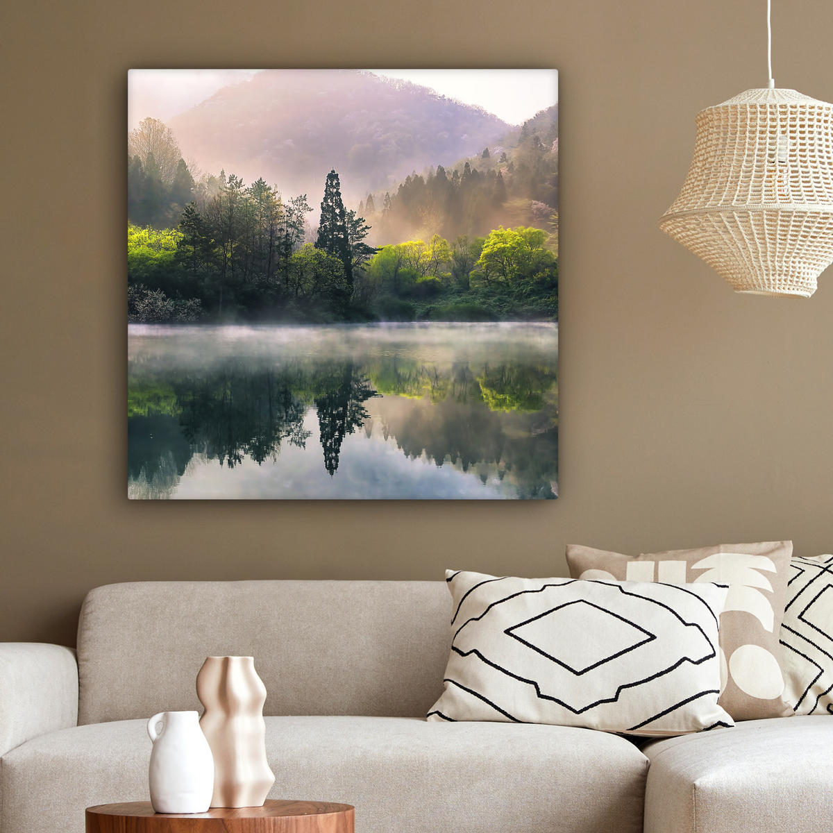 LEINWANDBILD Natur - Bäume - Berge - See - Wasser 90x90 cm - Hellgrün, Textil (90/90cm) - MuchoWow