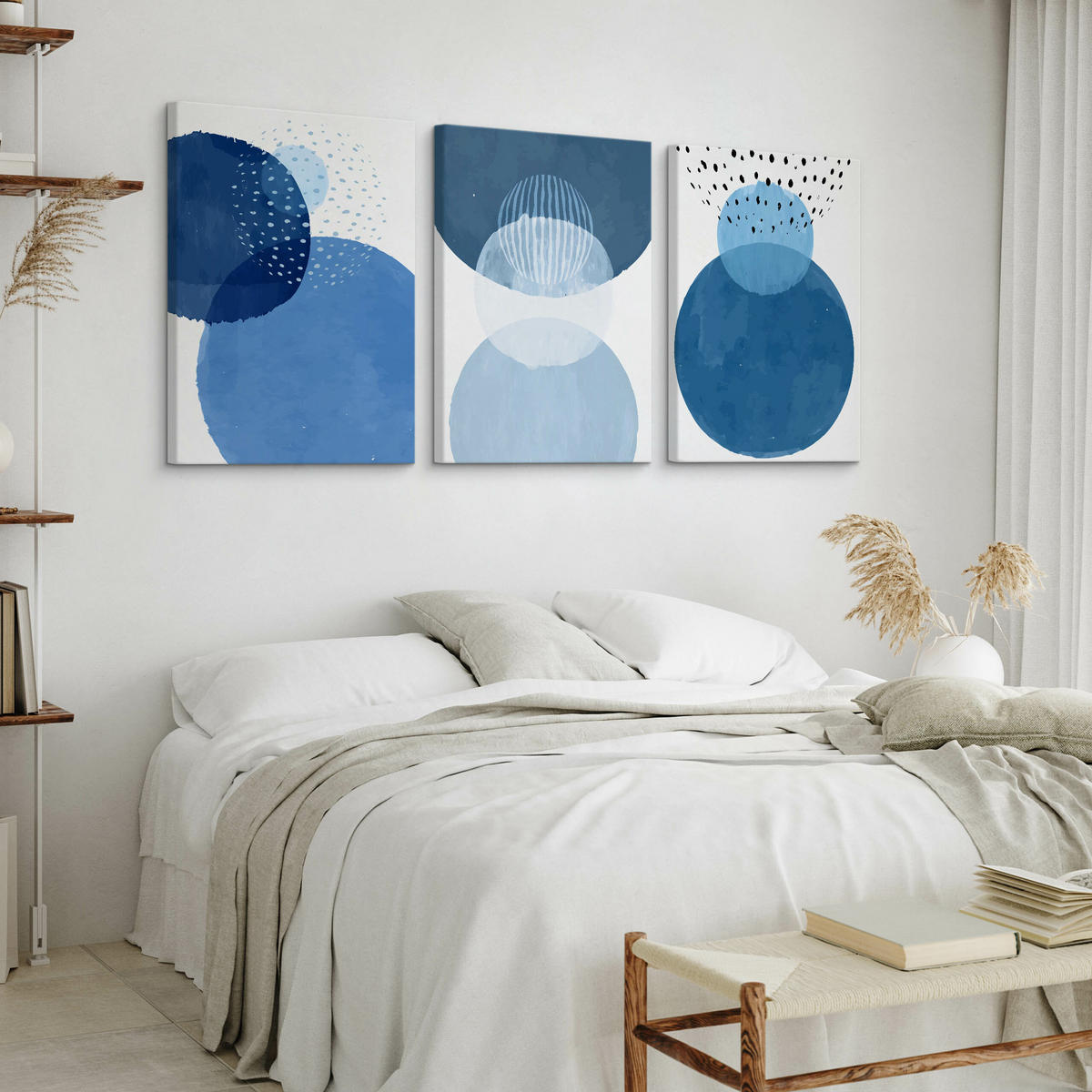 LEINWANDBILDER 3-er Set Kreise Boho Stil - Türkis/Blau, Textil (90/40cm) - Muralo