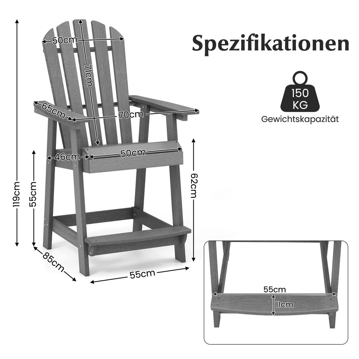 STUHL Hoher Adirondack Grau - Grau, Kunststoff (85/119/70cm) - COSTWAY