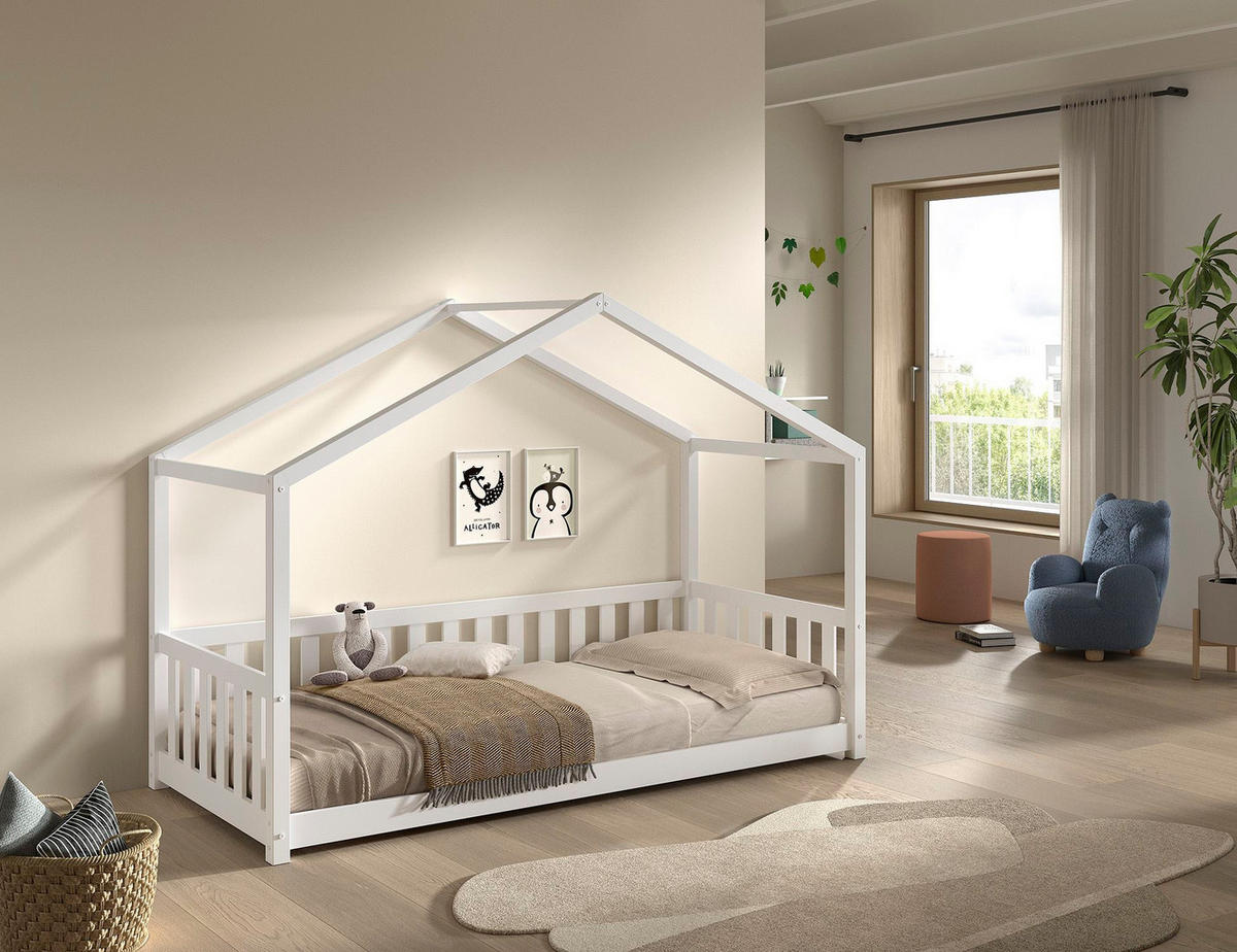HAUSBETT Kapua 90x200 auch als Bodenbett Kiefer Massivholz Weiß - Weiß, Holz (90/200cm) - 58aufmkessel