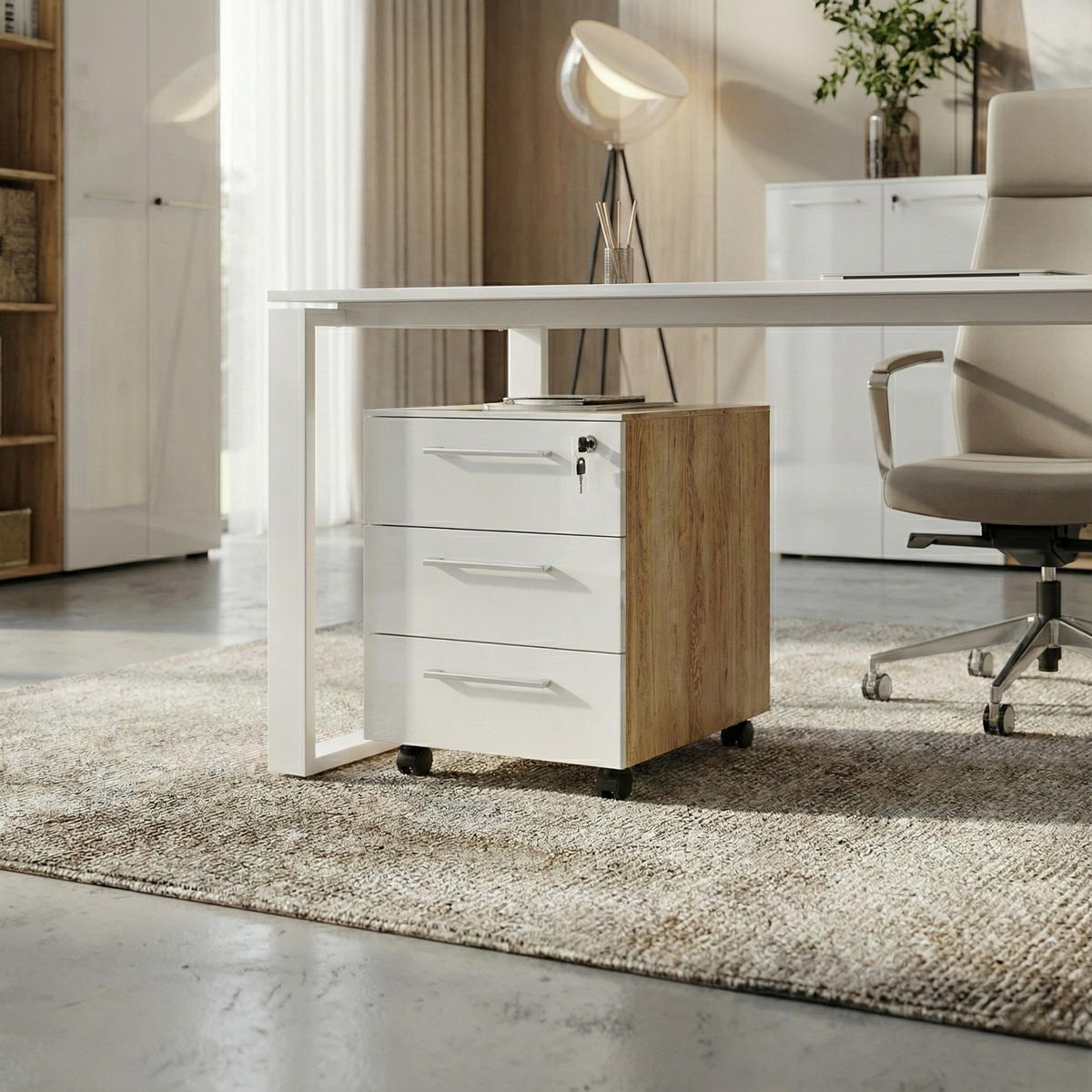 SCHREIBTISCH-SET MUENCHEN 160x80 cm | Glasplatte & Container | Chalet-Eiche-Nb./Weiß - Weiß, Glas/Metall (80/160/75cm) - KADIMA DESIGN