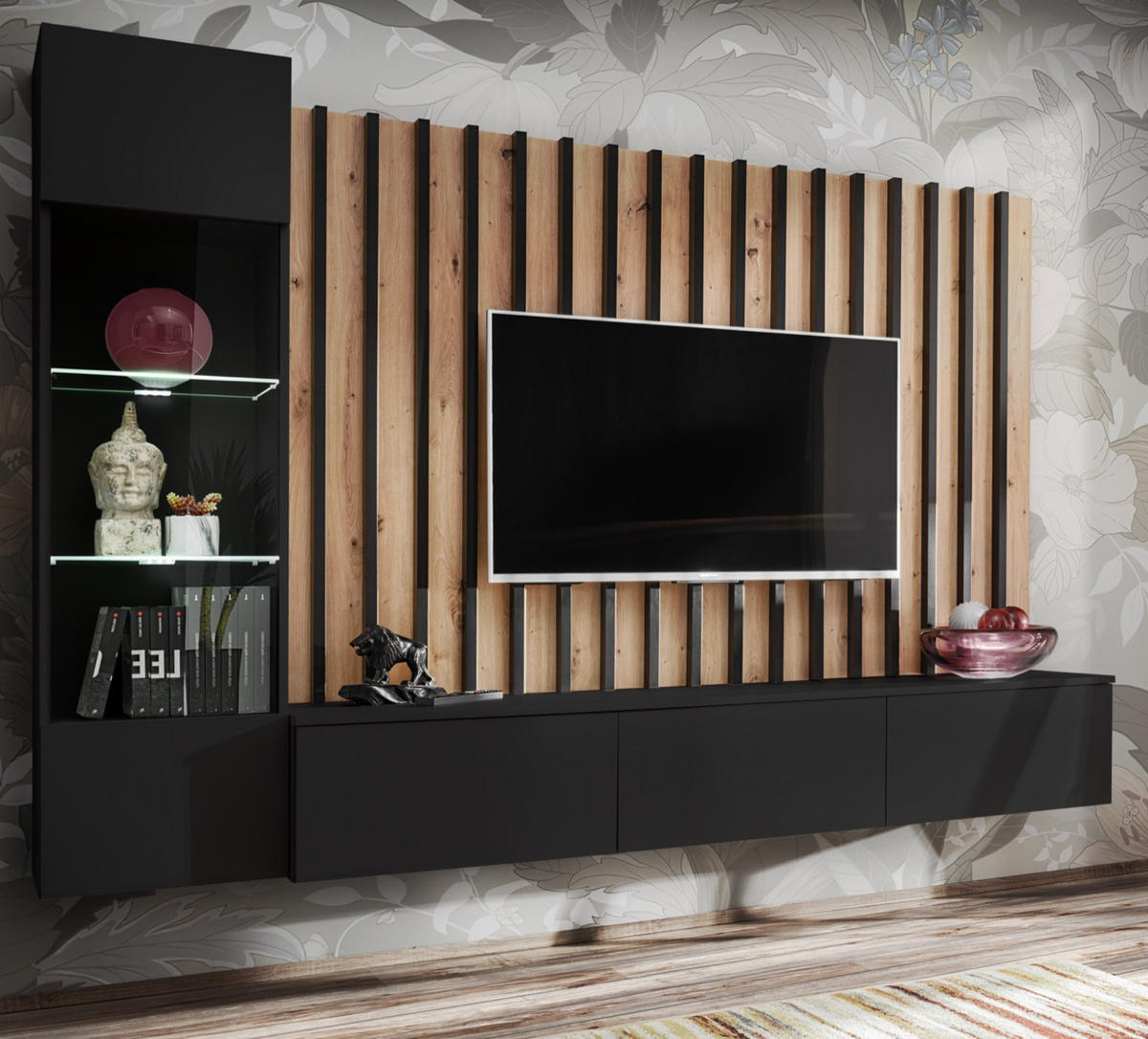 WOHNWAND schwarz, Artisan Eiche 220 cm, Schrankwand mit LED Beleuchtung - Schwarz/Eiche Artisan, Glas/Holzwerkstoff (220/148/35cm) - Furn.Design