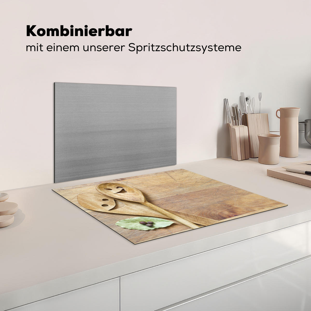 HERDABDECKPLATTE Holz - Löffel - Braun - Smiley Herdabdeckung Induktionsfeld 65x52 cm - Hellbraun, Kunststoff (65/52/0.2cm) - MuchoWow