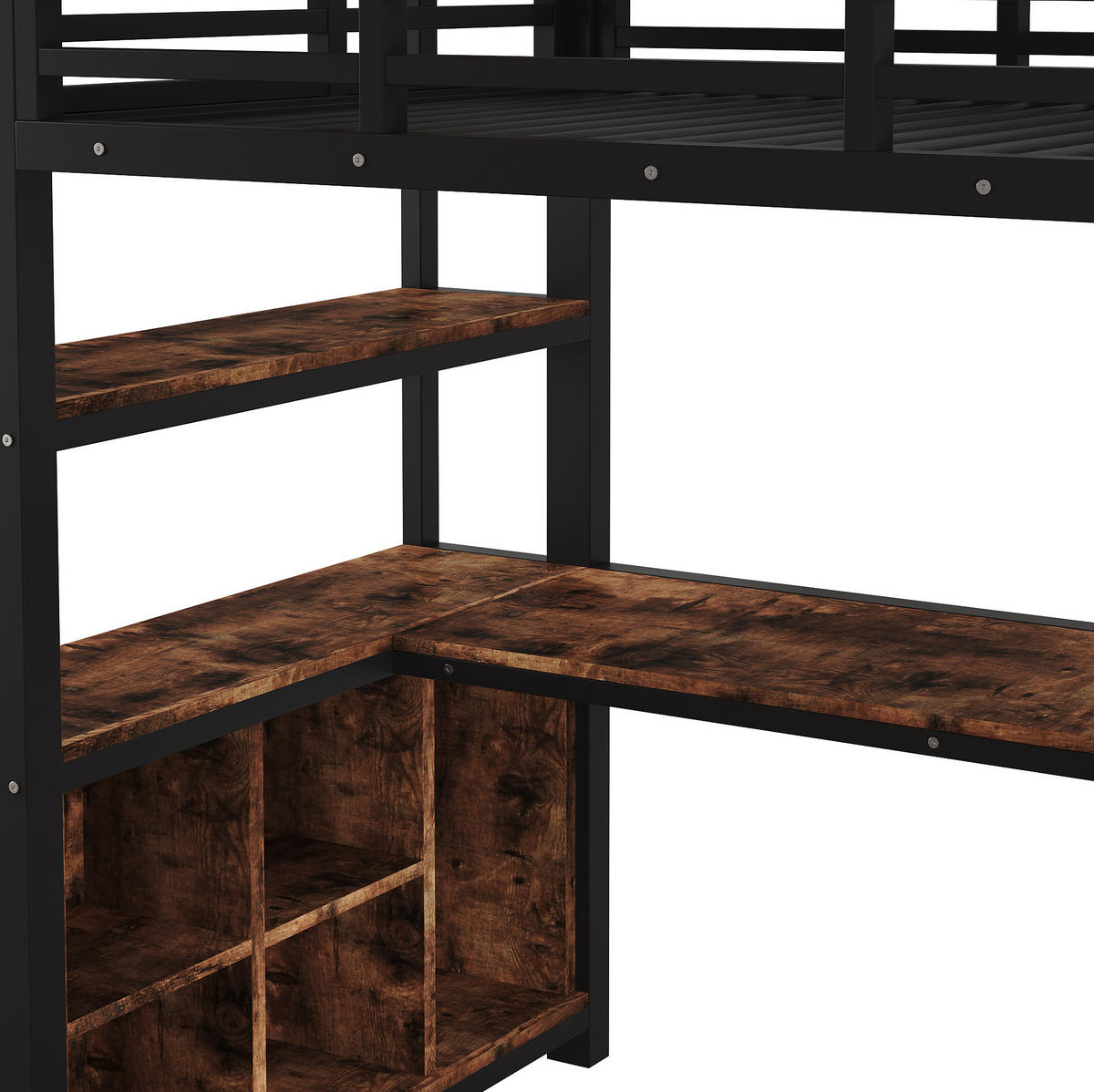HOCHBETT Metall & MDF 90x200 cm Schwarz mit Schreibtisch, Kleiderstange und Regalen - Schwarz, Holzwerkstoff (90/200cm) - Modfu