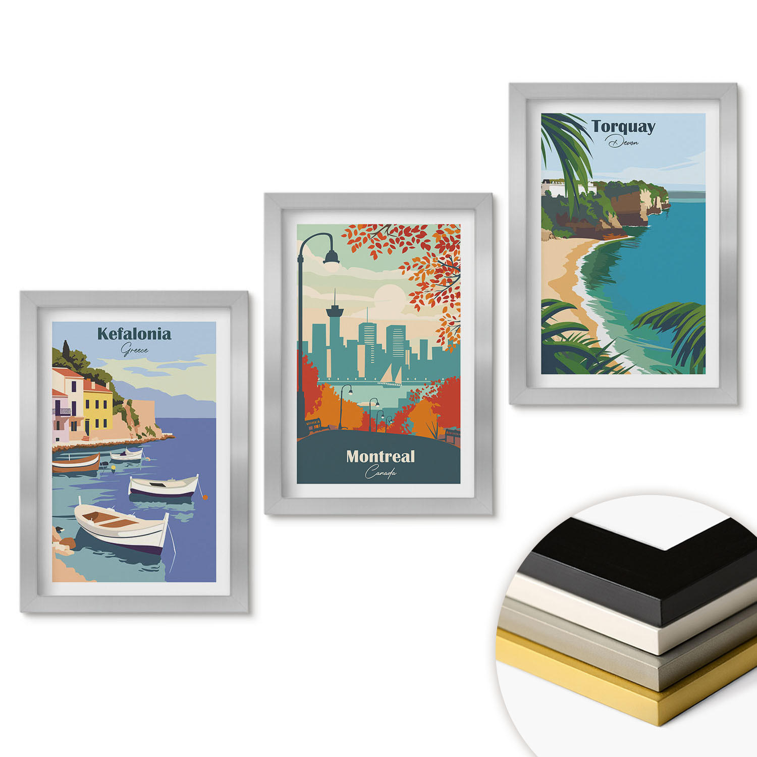 WANDBILDER 3er Set - 20x30 cm Silberner Rahmen - Stadtansichten aus Griechenland, Kanada und Australien - Silberfarben, Kunststoff (20/30cm) - ArtPrintCave