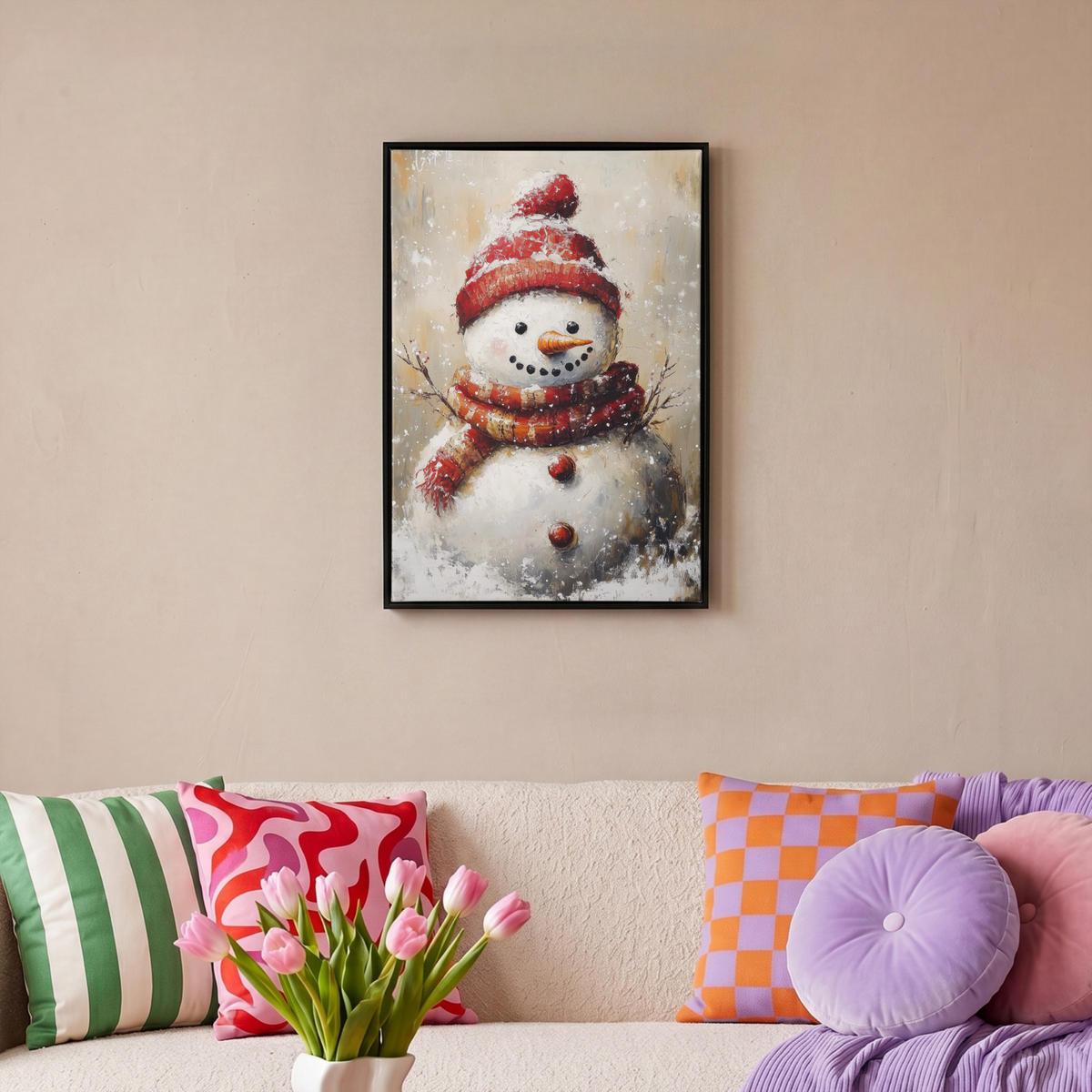 LEINWAND Bilder mit Rahmen - Schneemann - Winter - Schnee - Beige - 40x60 - Weiß, Textil (40/60cm) - MuchoWow