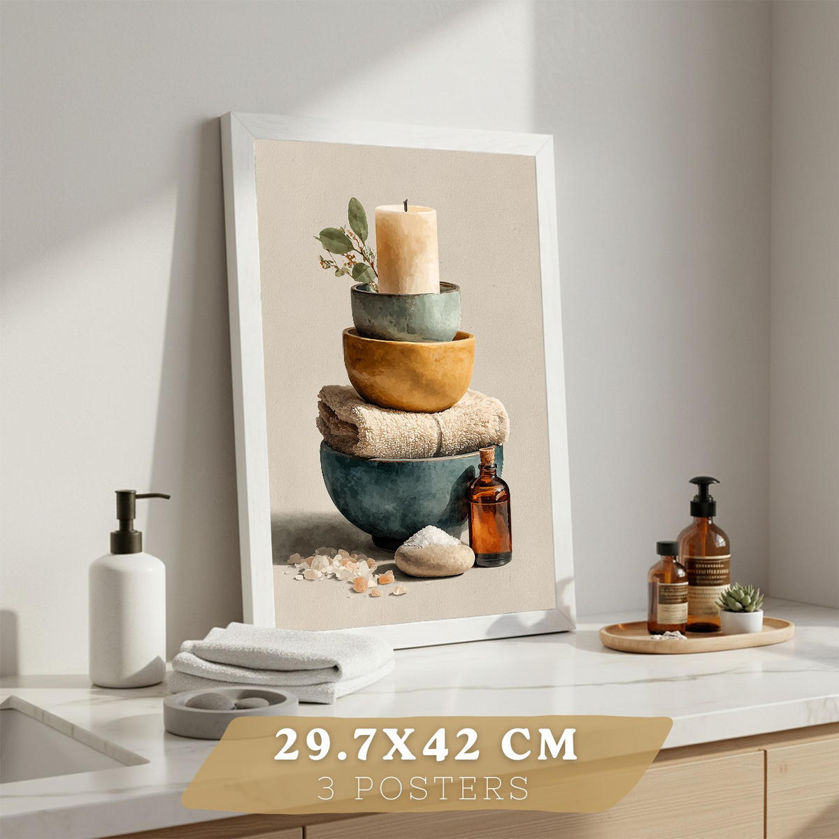 POSTER Set aus 3 Badezimmer Wandbildern und Drucke zur Dekoration für Waschbecken Dusche WC und Bad mit Kerzen Seifen und Handtüchern Weißer Rahmen A3 - Weiß, Papier (42/29.7/3cm) - Nacnic
