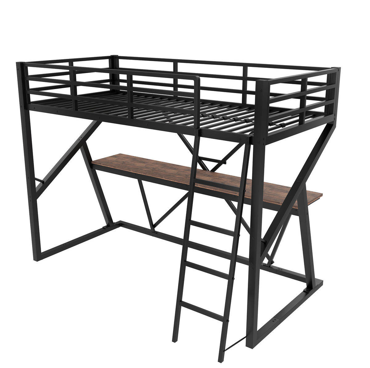 HOCHBETT aus Metall und MDF 90x200 cm Schwarz mit LED-Beleuchtung, Schreibtisch und Leiter - Schwarz, Metall (90/200cm) - IVMEU