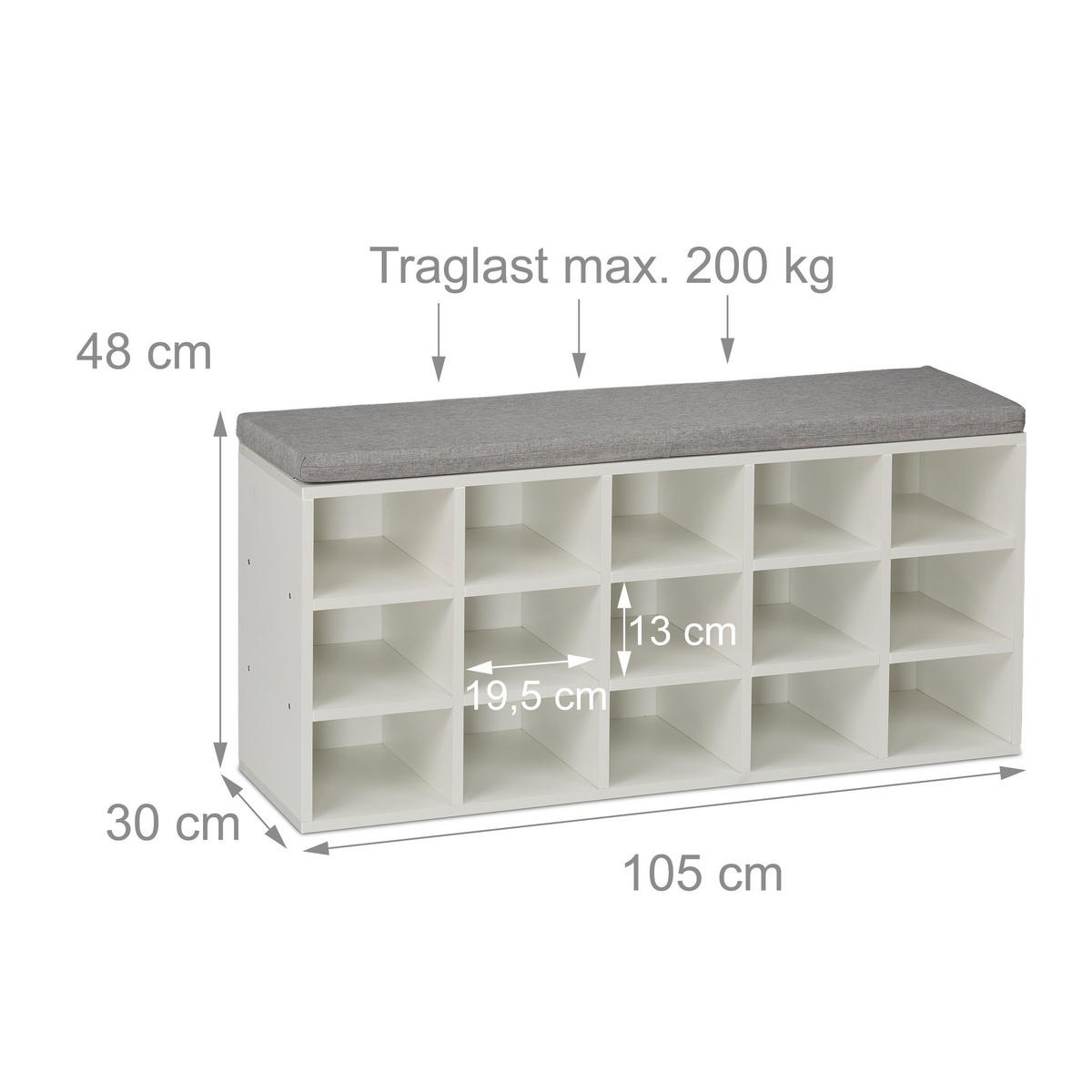 SKOBÄNK Vit Grå vadderad sits 15 fack - Vit/Grå, Trä/Träbaserade material (105/48/30cm) - Relaxdays