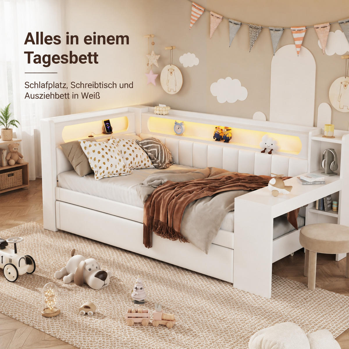 POLSTERBETT Kinder 90/200 cm aus MDF, Sperrholz und Leinen mit USB, LED-Beleuchtung, Ausziehbett und Schreibtisch Weiß - Weiß, Holzwerkstoff (90/200cm) - Modenvie