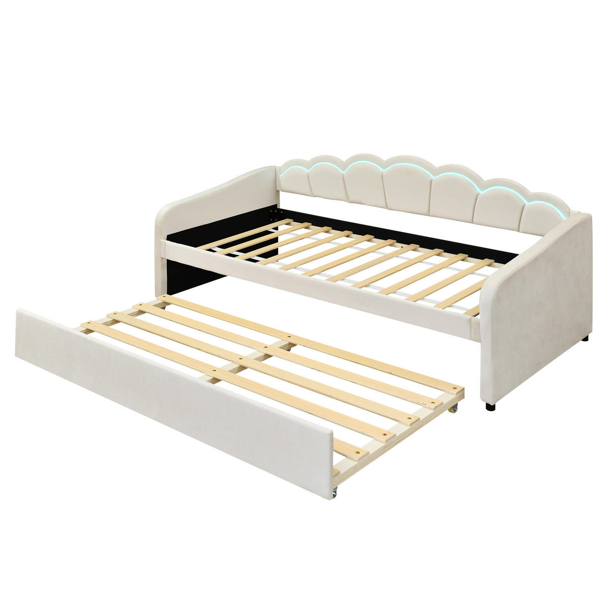 TAGESBETT 90/200 cm Beige mit ausziehbarem Bett und LED-Beleuchtung aus Samt - Beige, Textil (90/200cm) - OKWISH