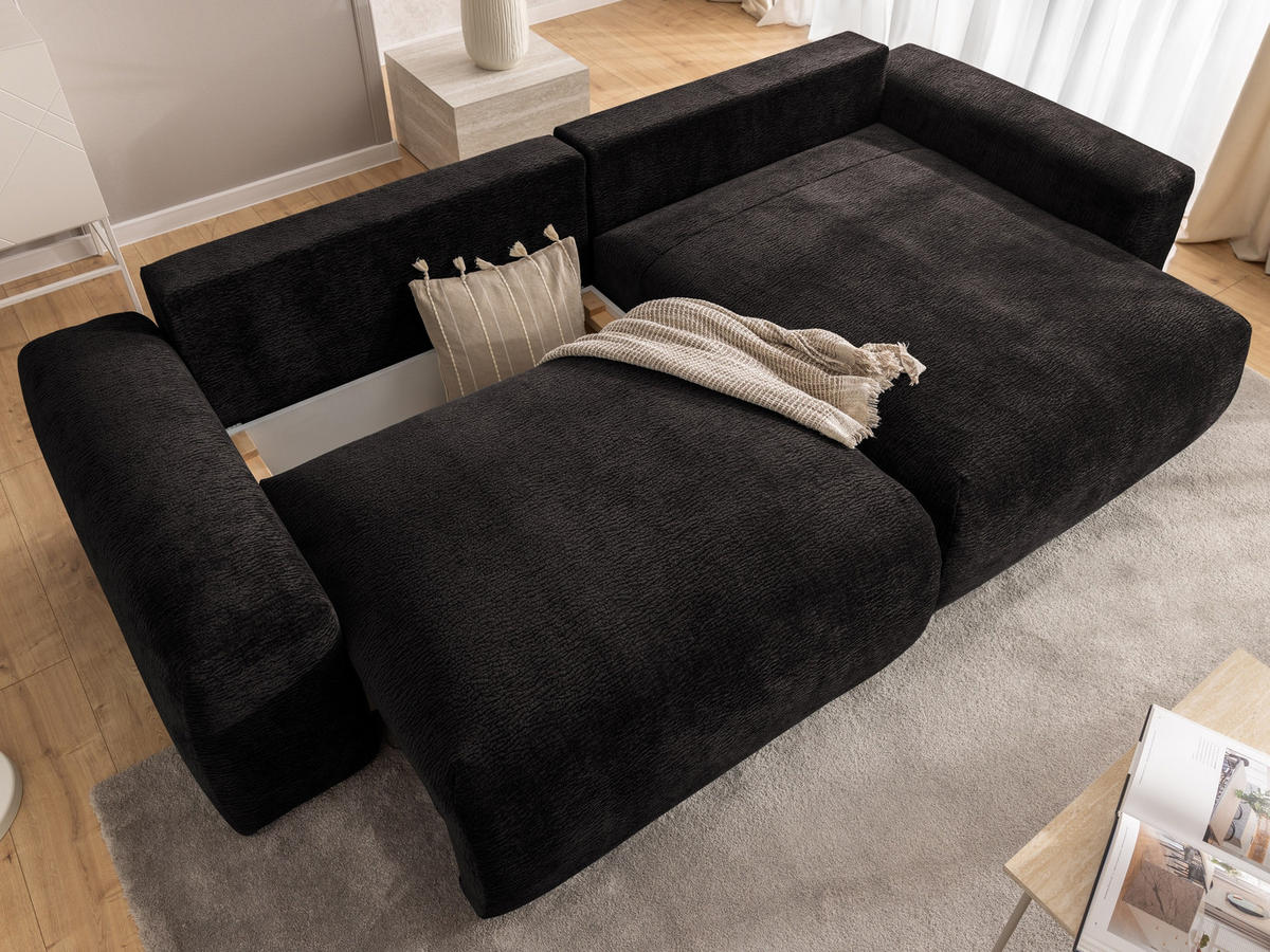 ECKSOFA Puffy mit Schlaffunktion und Bettkasten - besonders weich und puffig aus Braun Stoff mit Chenillestruktur - Ottomane rechts - Schwarz/Braun, Holz/Kunststoff (266/138cm) - S-Style Möbel