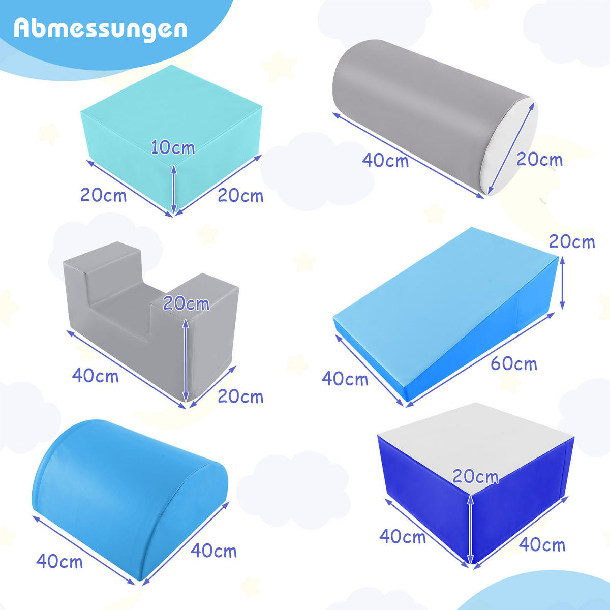 SCHAUMSTOFFBLOCK Blau (6-teilig) - Blau, Leder (60/20/40cm) - COSTWAY