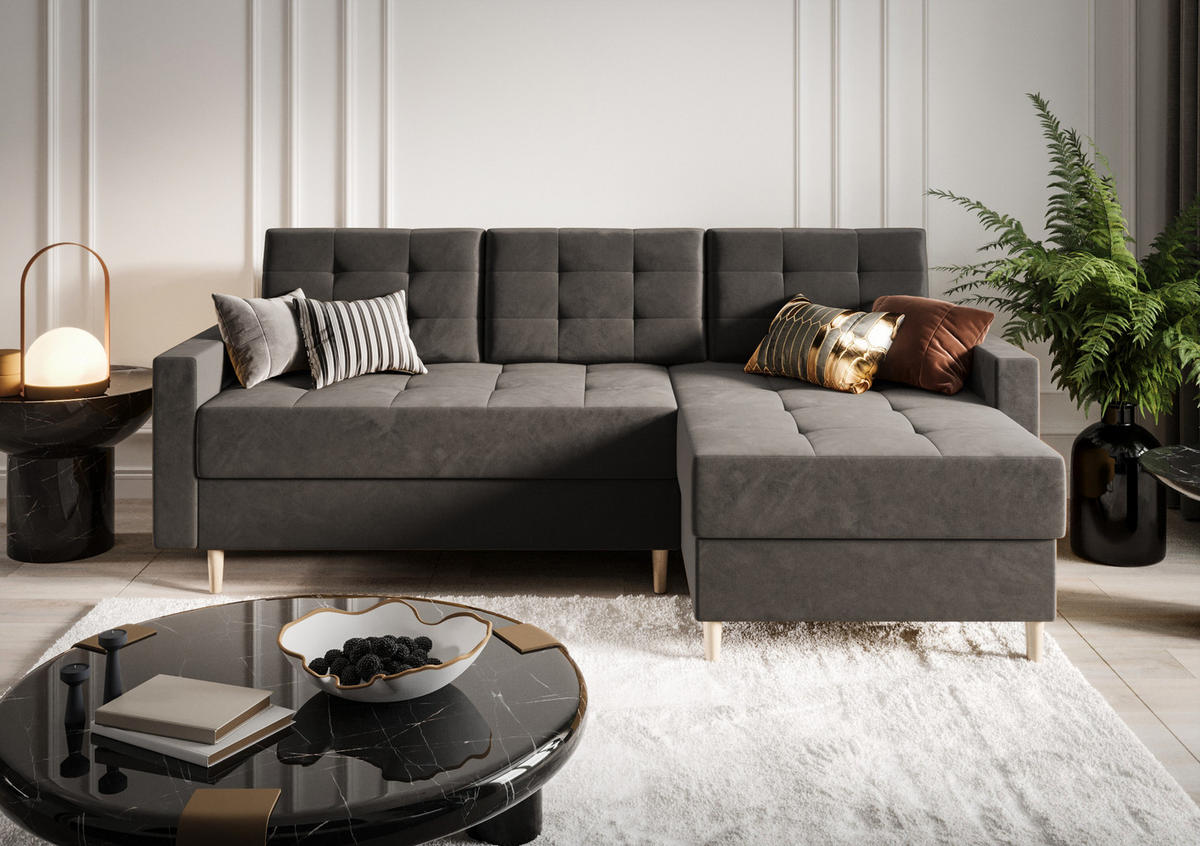 ECKSOFA BARI RN01, Eckcouch in L-Form mit Schlaffunktion, Farbe: Grau, Velourstoff, Ottomane Rechts - Grau, Textil (224/144cm) - O-Sofa