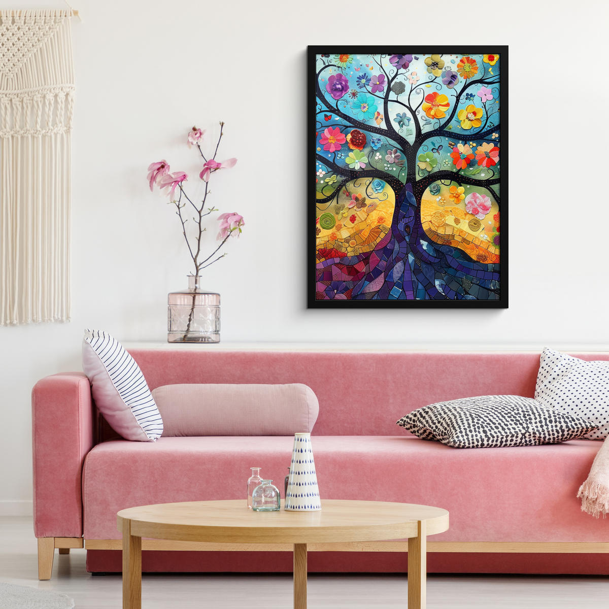 GERAHMTES BILD Kunst - Baum des Lebens - Blumen - Hippie 60x80 cm - Dunkelblau, Papier (60/80cm) - MuchoWow