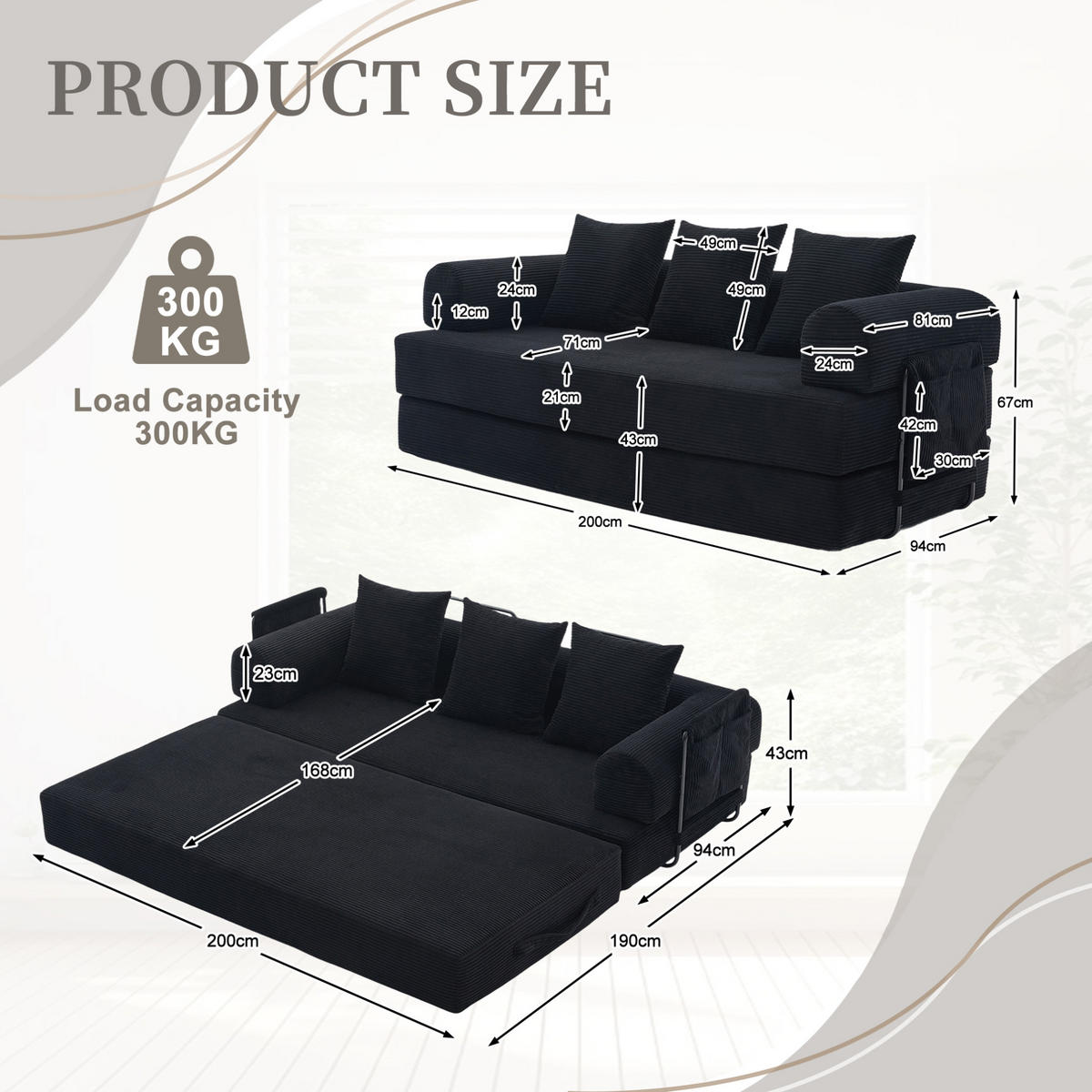SOFA modular 200 x 94 cm Corduroy Schwarz mit 3 Kissen - Schwarz, Kunststoff (94/67/200cm) - Meubliv