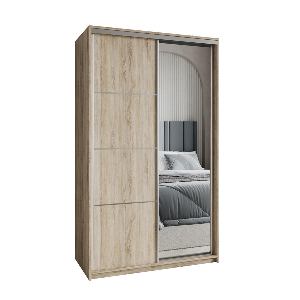 SCHWEBETÜRENSCHRANK VARO 120/205/60 cm 2-türig mit Spiegel Sonoma Eiche - Sonoma Eiche, Holzwerkstoff (120/205/60cm) - MASSENO