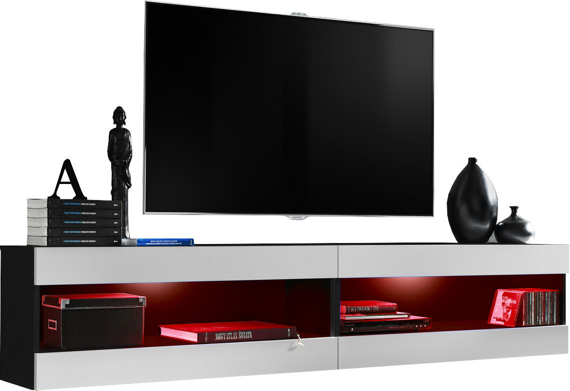 WOHNWAND 2-er Set, TIVOLI SET4 mit mehrfarbige LED RGB Beleuchtung Schwarz + Weiß, Offener Raum - Eiche Wotan/Weiß, Glas/Holzwerkstoff (200/41/35cm) - Komodee