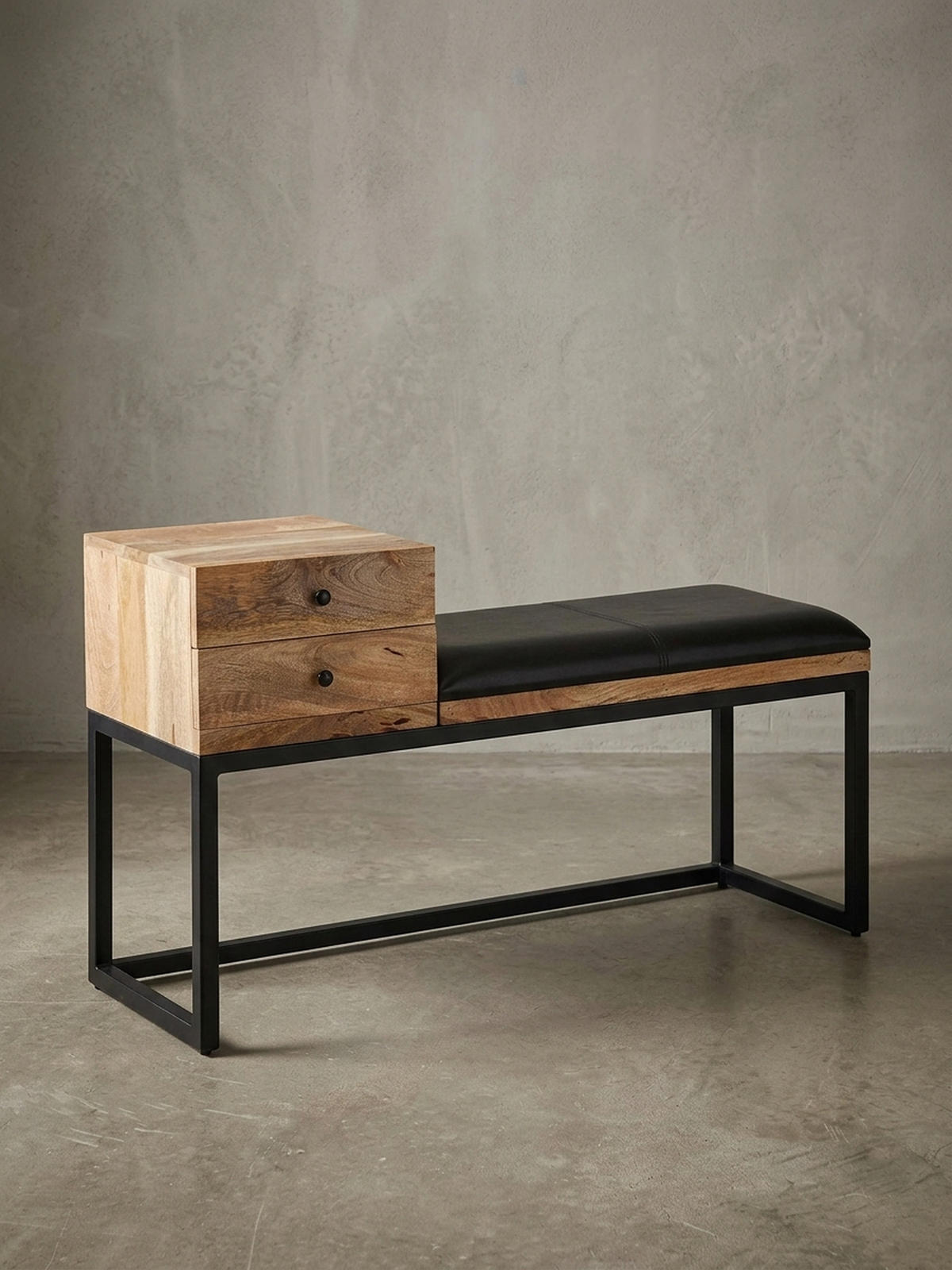 SITZBANK – Ziegenleder/Metall, Schubladen, Retro-Stil - Schwarz/Braun, Leder/Metall (100/60/35cm) - KADIMA DESIGN