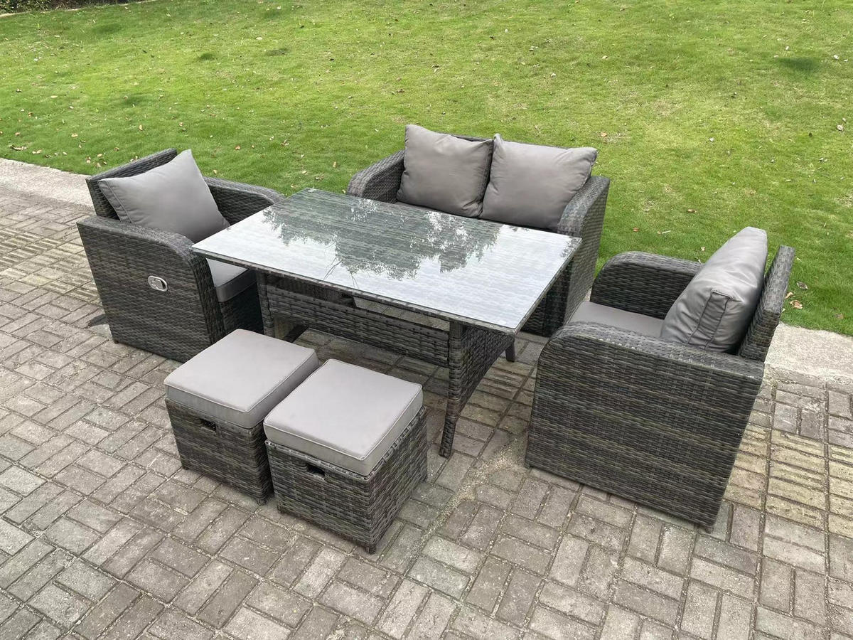 GARTENMÖBELGARNITUR mit Esstisch Polyrattan Dunkelgrau 6-Sitzer - Dunkelgrau/Grau, Glas/Kunststoff - Fimous
