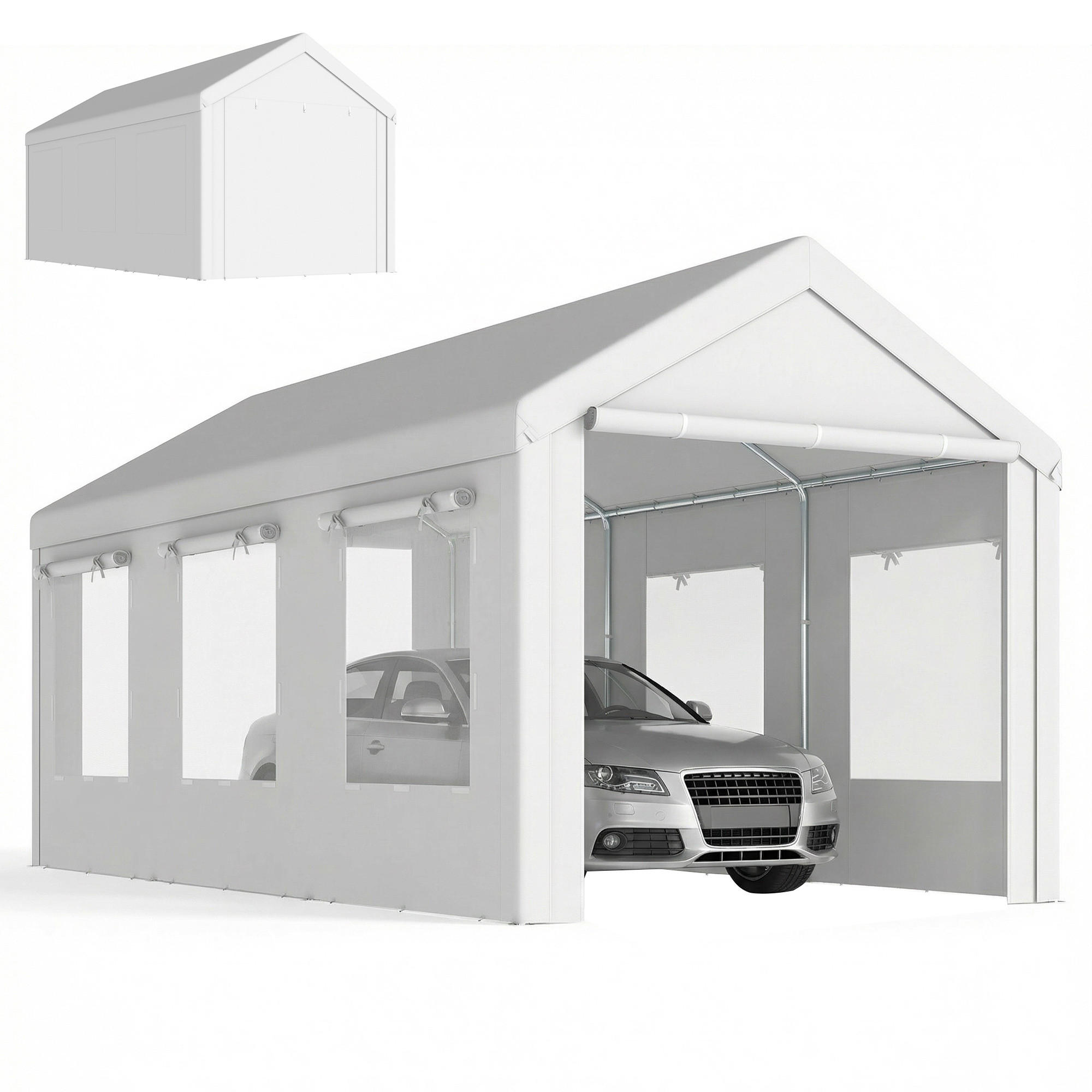 CARPORT DE-12739 300/600 cm UV30+ höhenverstellbar mit 6 Fenstern und Moskitonetz Weiß - Weiß, Metall (295/295/600cm) - ComfortXL