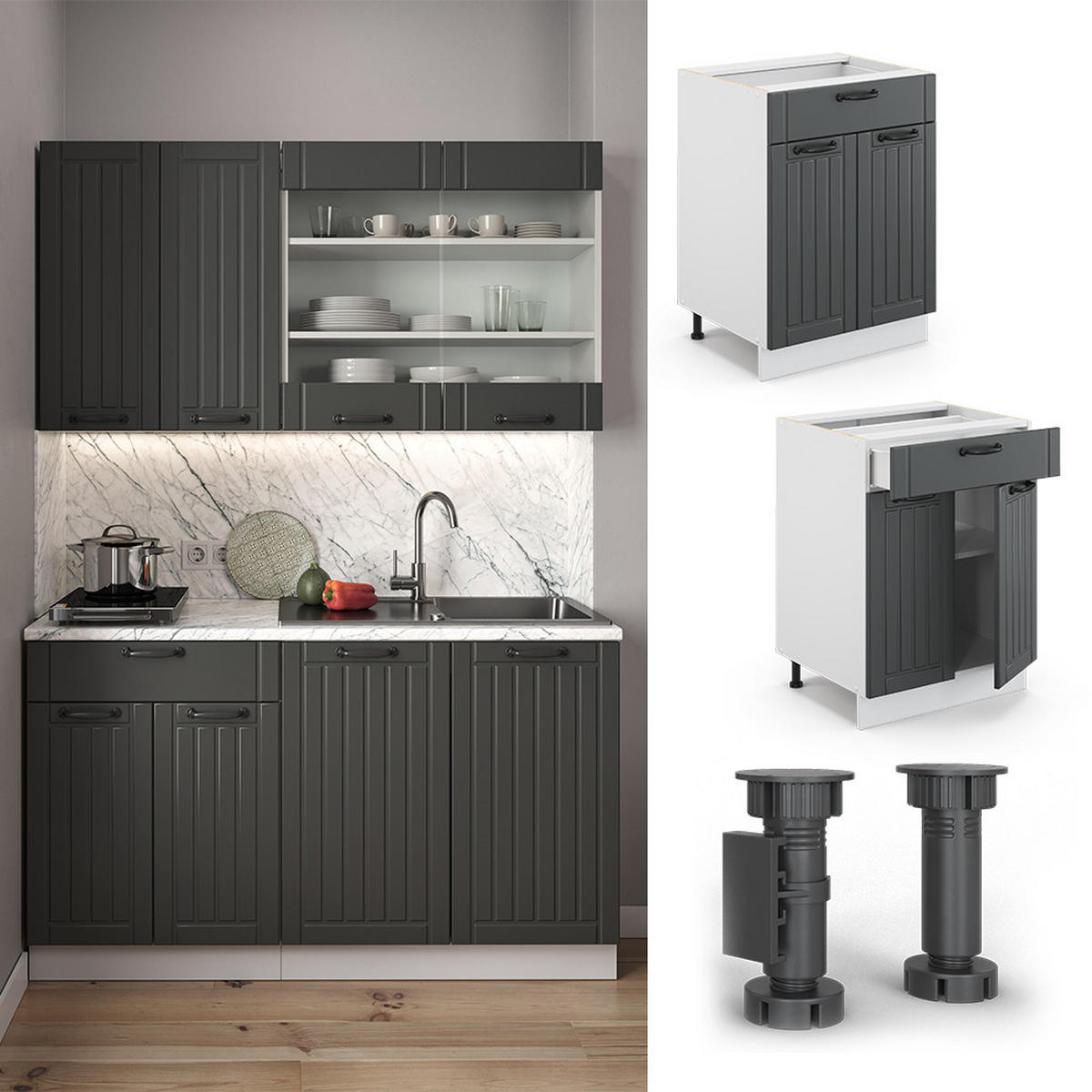 KÜCHENUNTERSCHRANK Fame-Line Anthrazit Landhaus 60 cm mit Schublade AP Anthrazit - Dunkelgrau/Anthrazit, Holzwerkstoff (60/82/60cm) - Vicco